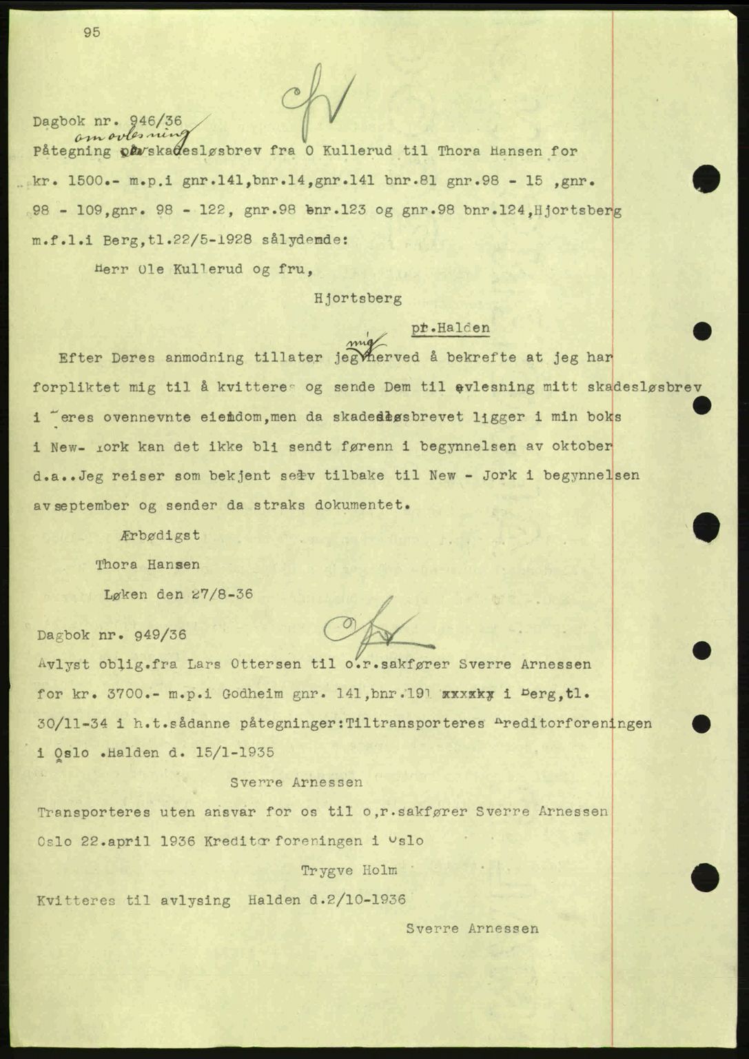 Idd og Marker sorenskriveri, AV/SAO-A-10283/G/Gb/Gbc/L0001: Mortgage book no. B1-3, 1936-1939, Diary no: : 946/1936