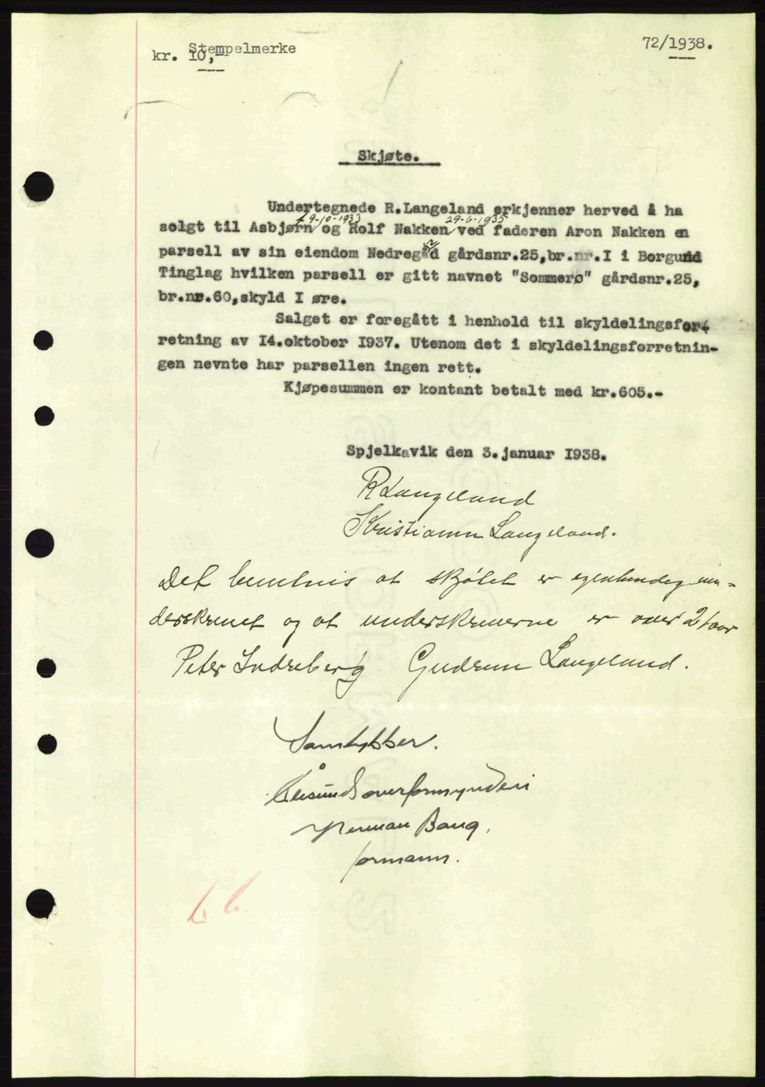 Nordre Sunnmøre sorenskriveri, AV/SAT-A-0006/1/2/2C/2Ca: Mortgage book no. A4, 1937-1938, Diary no: : 72/1938