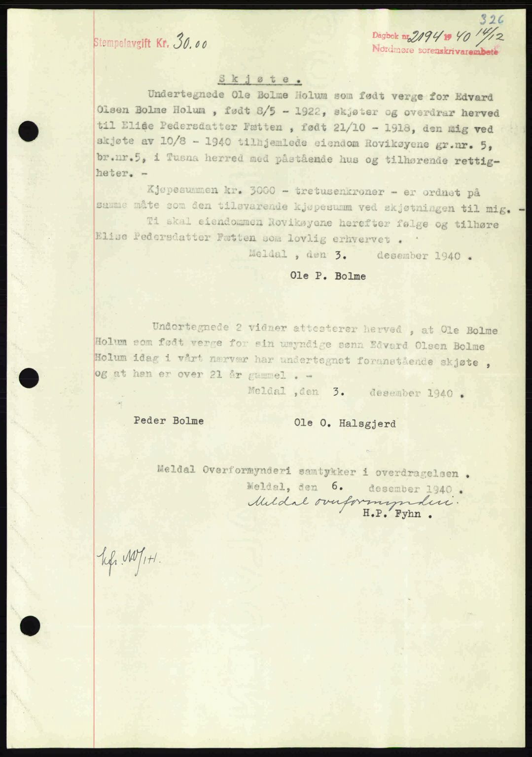 Nordmøre sorenskriveri, SAT/A-4132/1/2/2Ca: Mortgage book no. A89, 1940-1941, Diary no: : 2194/1940