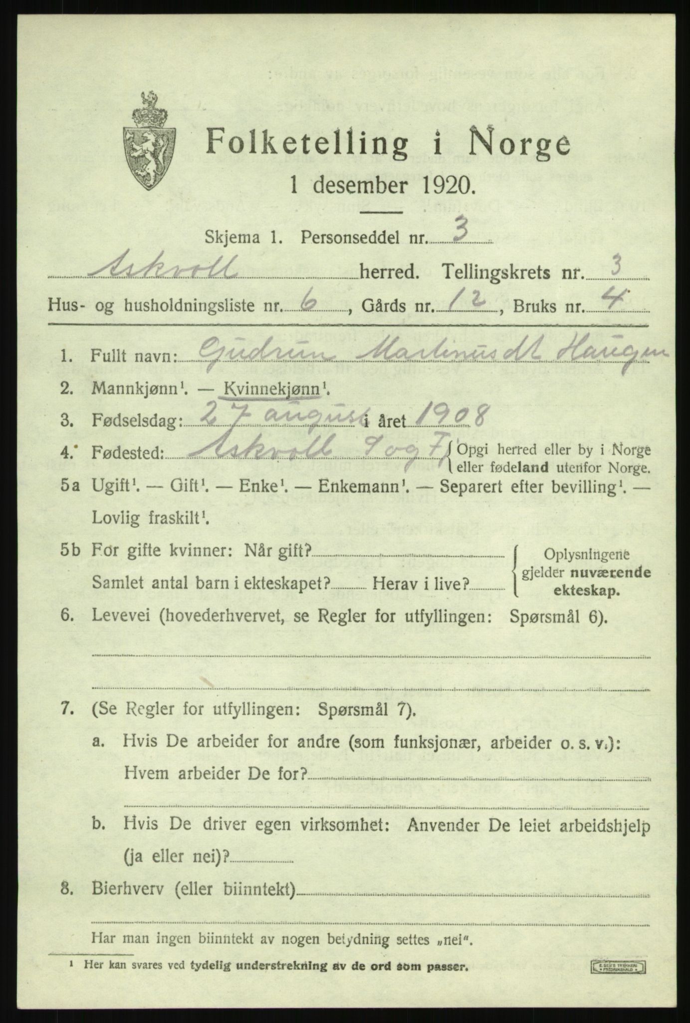 SAB, 1920 census for Askvoll, 1920, p. 2178