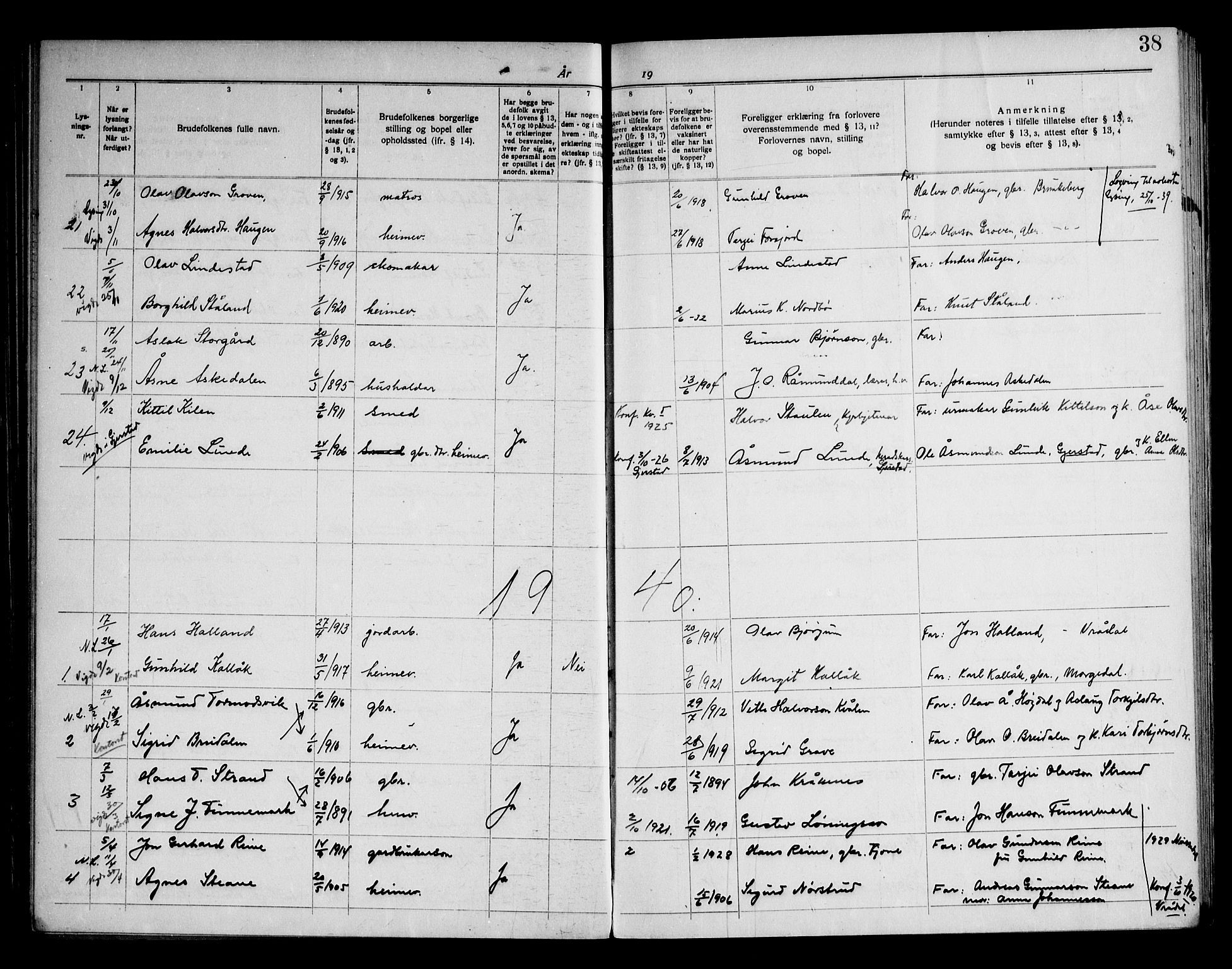Kviteseid kirkebøker, AV/SAKO-A-276/H/Ha/L0002: Banns register no. 2, 1920-1959, p. 38
