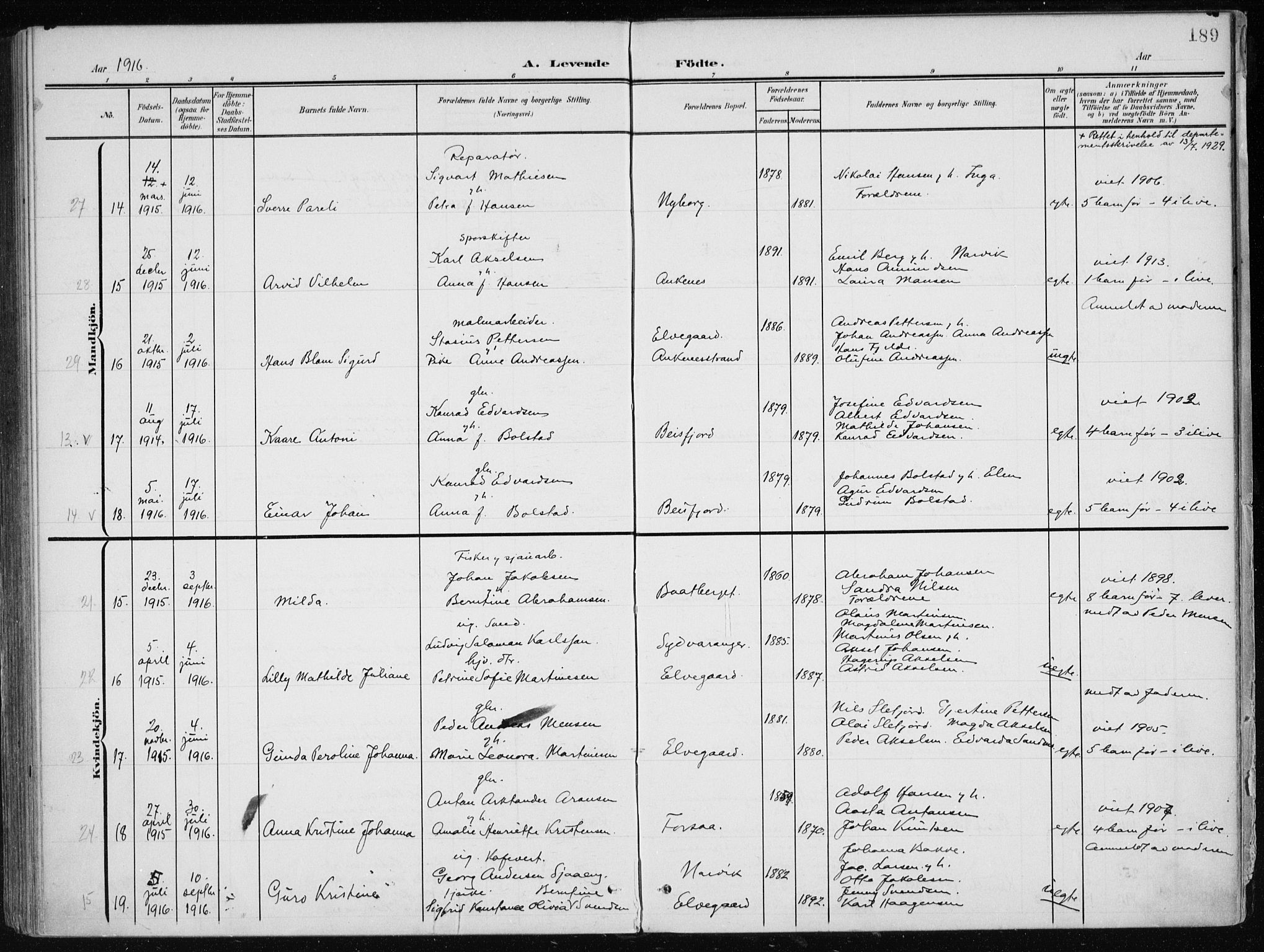 Ministerialprotokoller, klokkerbøker og fødselsregistre - Nordland, AV/SAT-A-1459/866/L0941: Parish register (official) no. 866A04, 1901-1917, p. 189