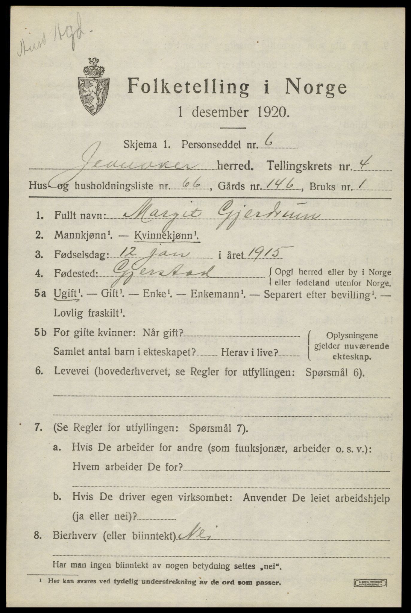 SAH, 1920 census for Jevnaker, 1920, p. 7269