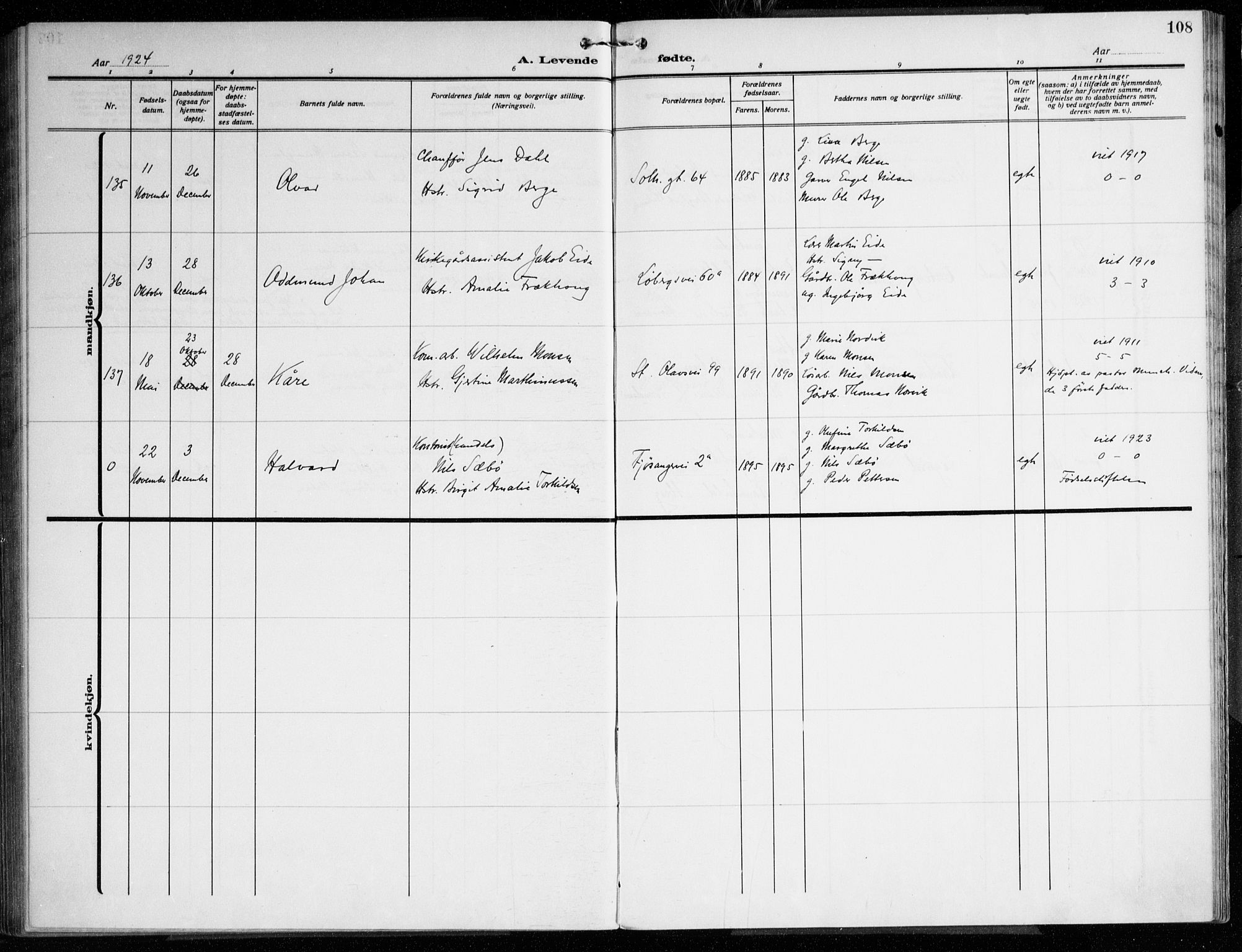 Årstad Sokneprestembete, AV/SAB-A-79301/H/Haa/L0005: Parish register (official) no. A 5, 1923-1925, p. 108