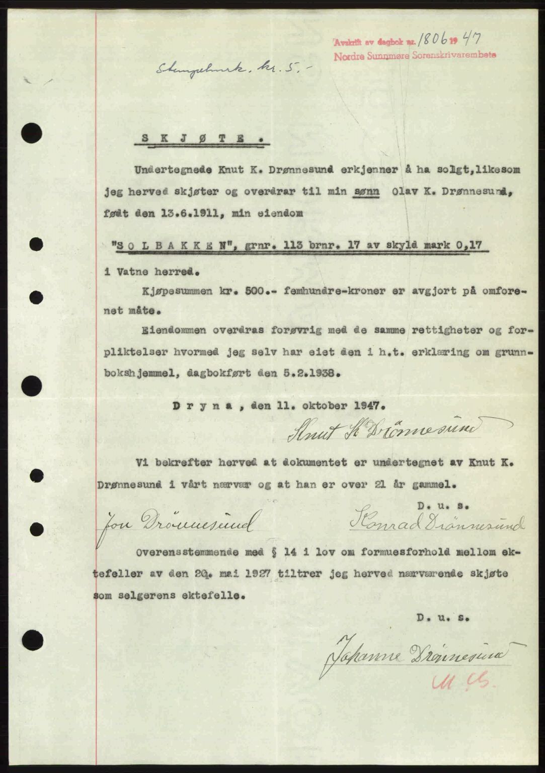 Nordre Sunnmøre sorenskriveri, AV/SAT-A-0006/1/2/2C/2Ca: Mortgage book no. A25, 1947-1947, Diary no: : 1806/1947