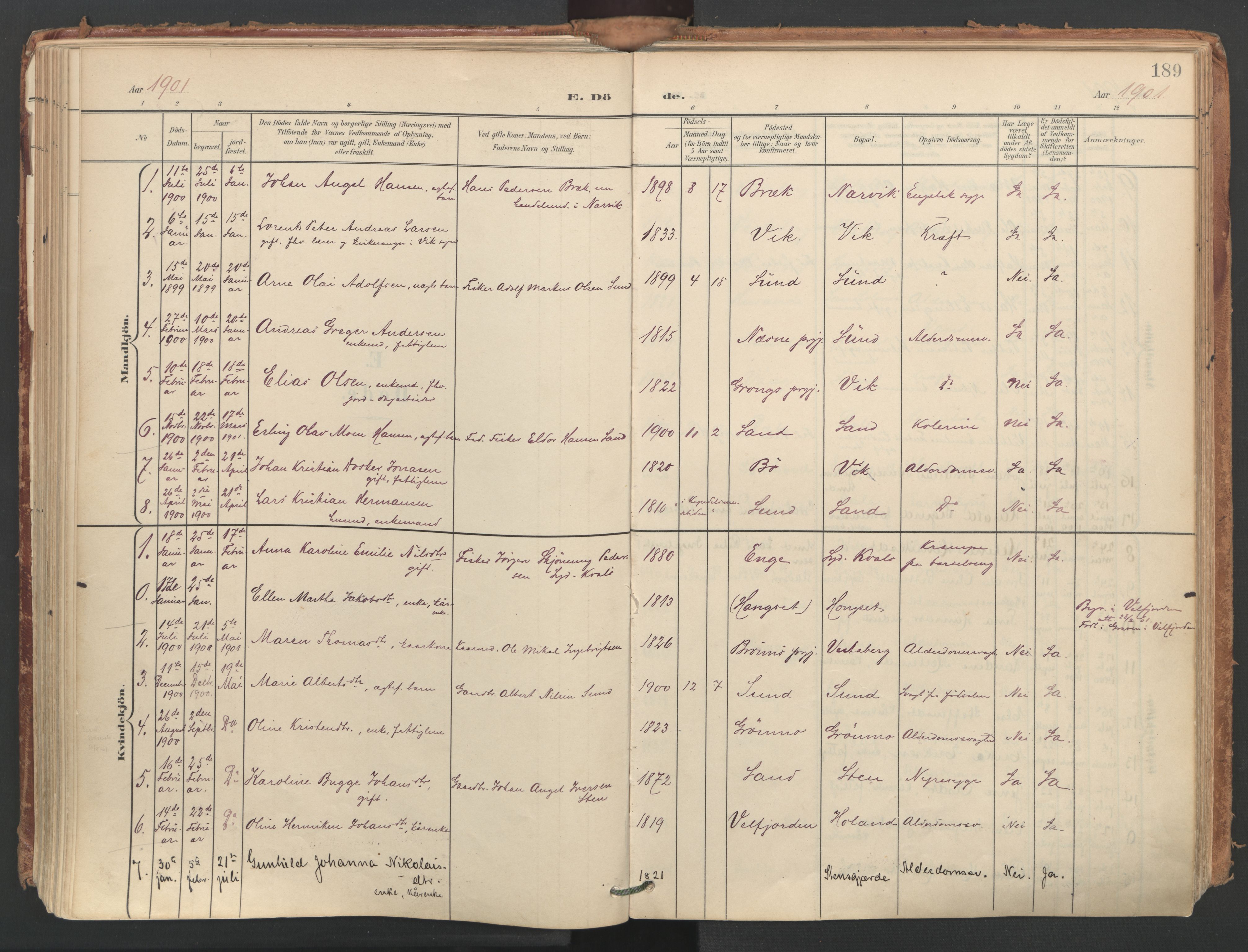 Ministerialprotokoller, klokkerbøker og fødselsregistre - Nordland, SAT/A-1459/812/L0180: Parish register (official) no. 812A09, 1901-1915, p. 189
