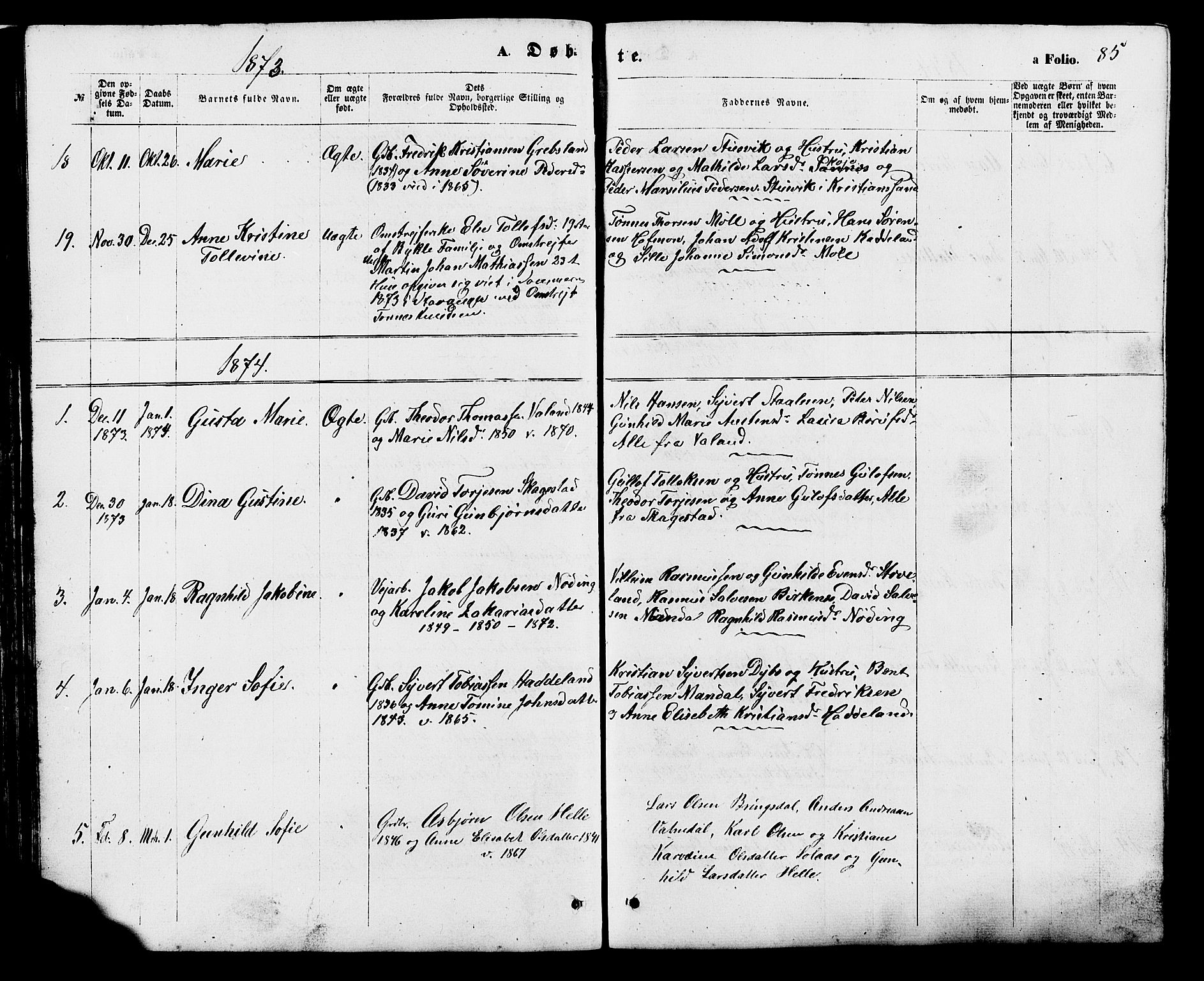 Holum sokneprestkontor, AV/SAK-1111-0022/F/Fb/Fba/L0004: Parish register (copy) no. B 4, 1867-1890, p. 85