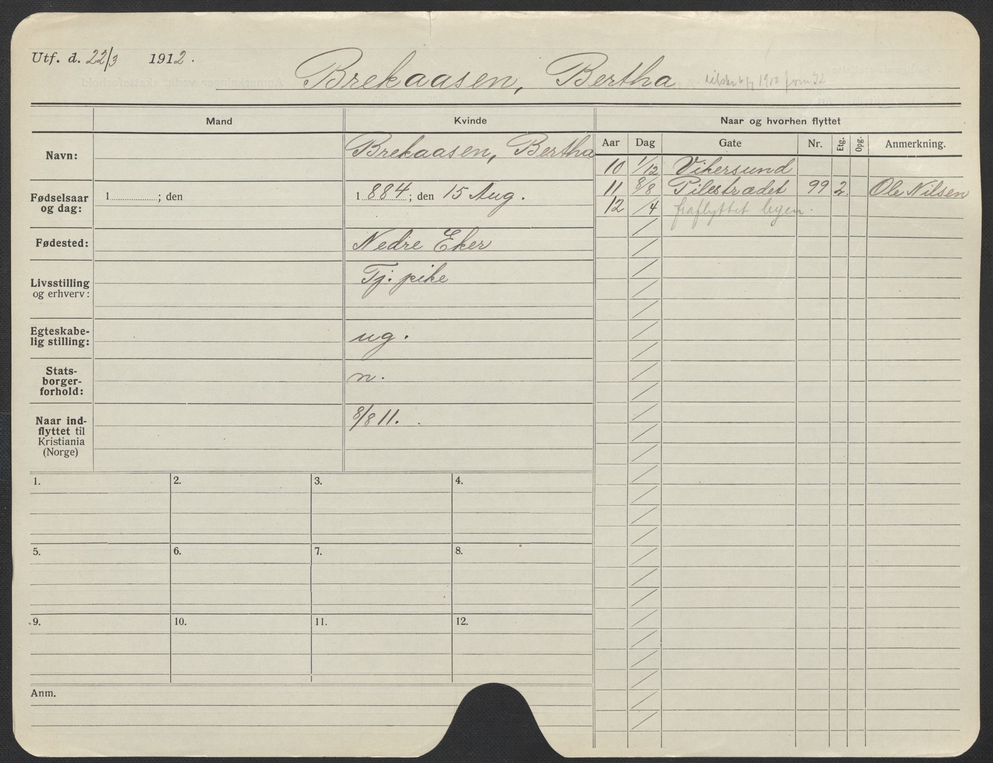 Oslo folkeregister, Registerkort, AV/SAO-A-11715/F/Fa/Fac/L0013: Kvinner, 1906-1914, p. 802a