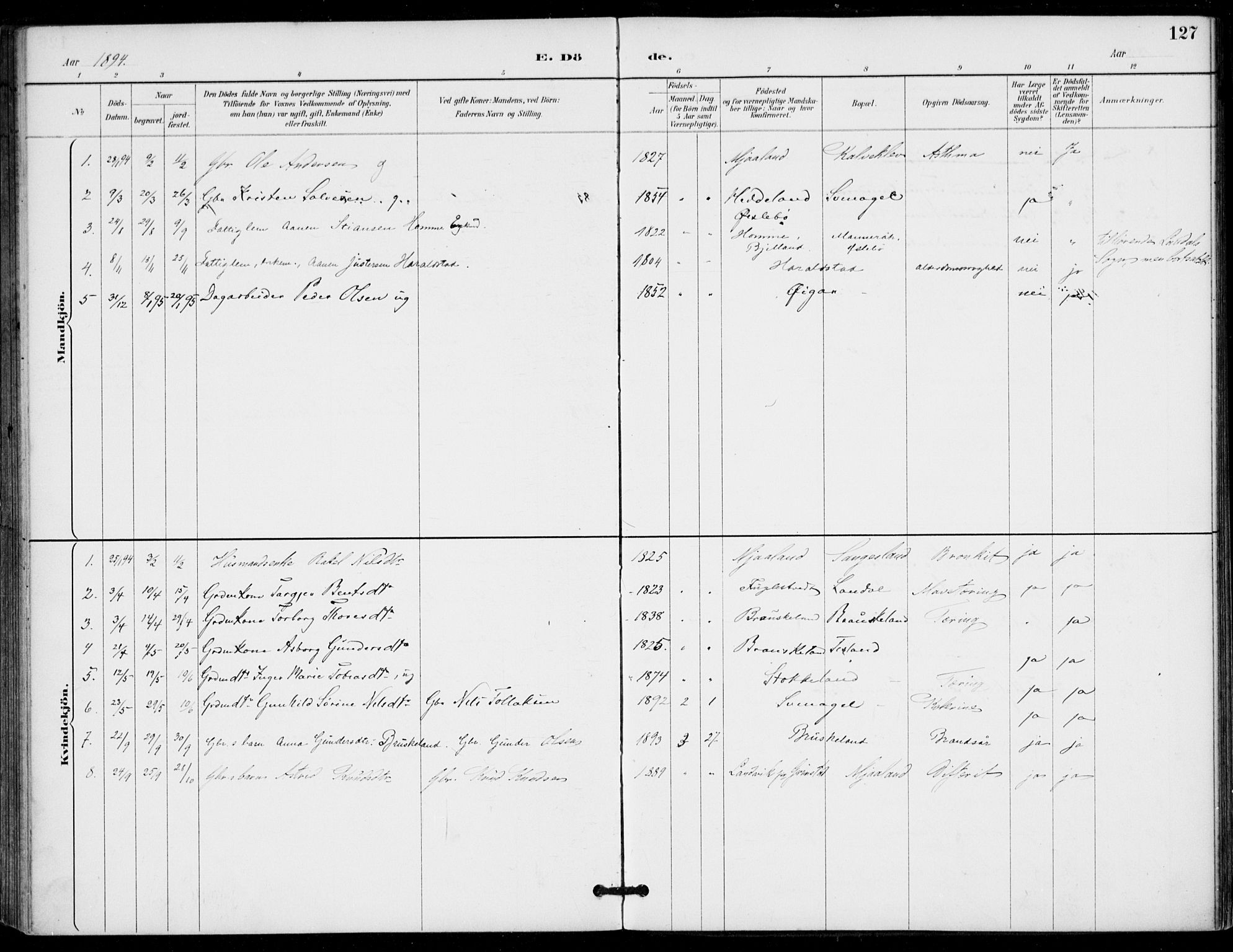 Holum sokneprestkontor, AV/SAK-1111-0022/F/Fa/Fab/L0007: Parish register (official) no. A 7, 1887-1912, p. 127