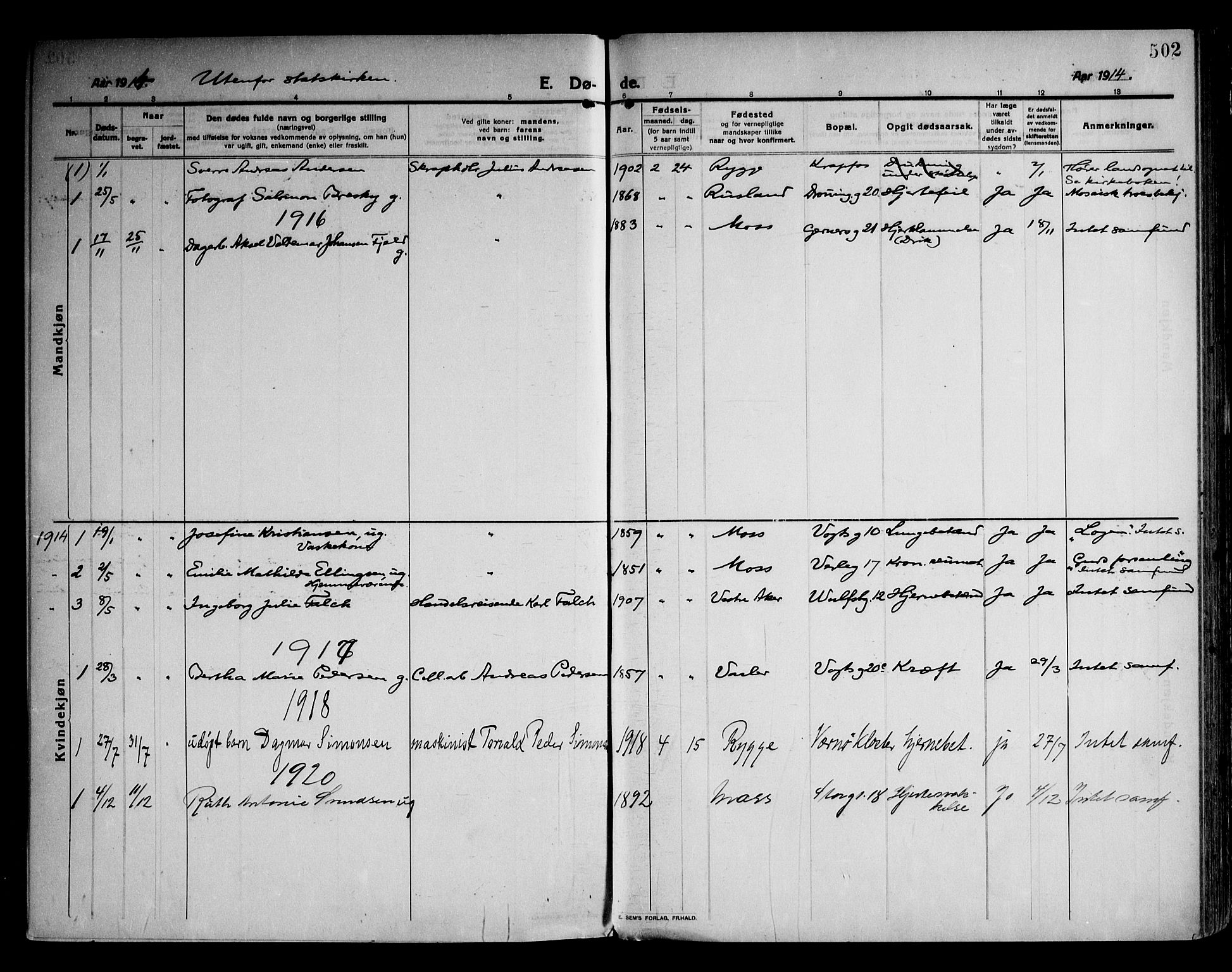 Moss prestekontor Kirkebøker, SAO/A-2003/F/Fb/L0005: Parish register (official) no. II 5, 1913-1923, p. 502