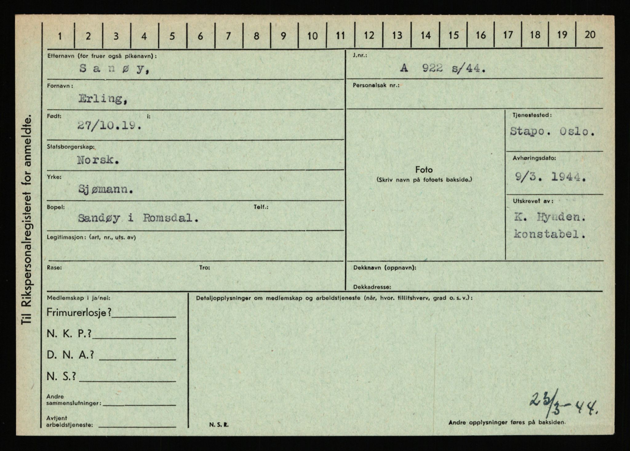 Statspolitiet - Hovedkontoret / Osloavdelingen, AV/RA-S-1329/C/Ca/L0013: Raa - Servold, 1943-1945, p. 4013