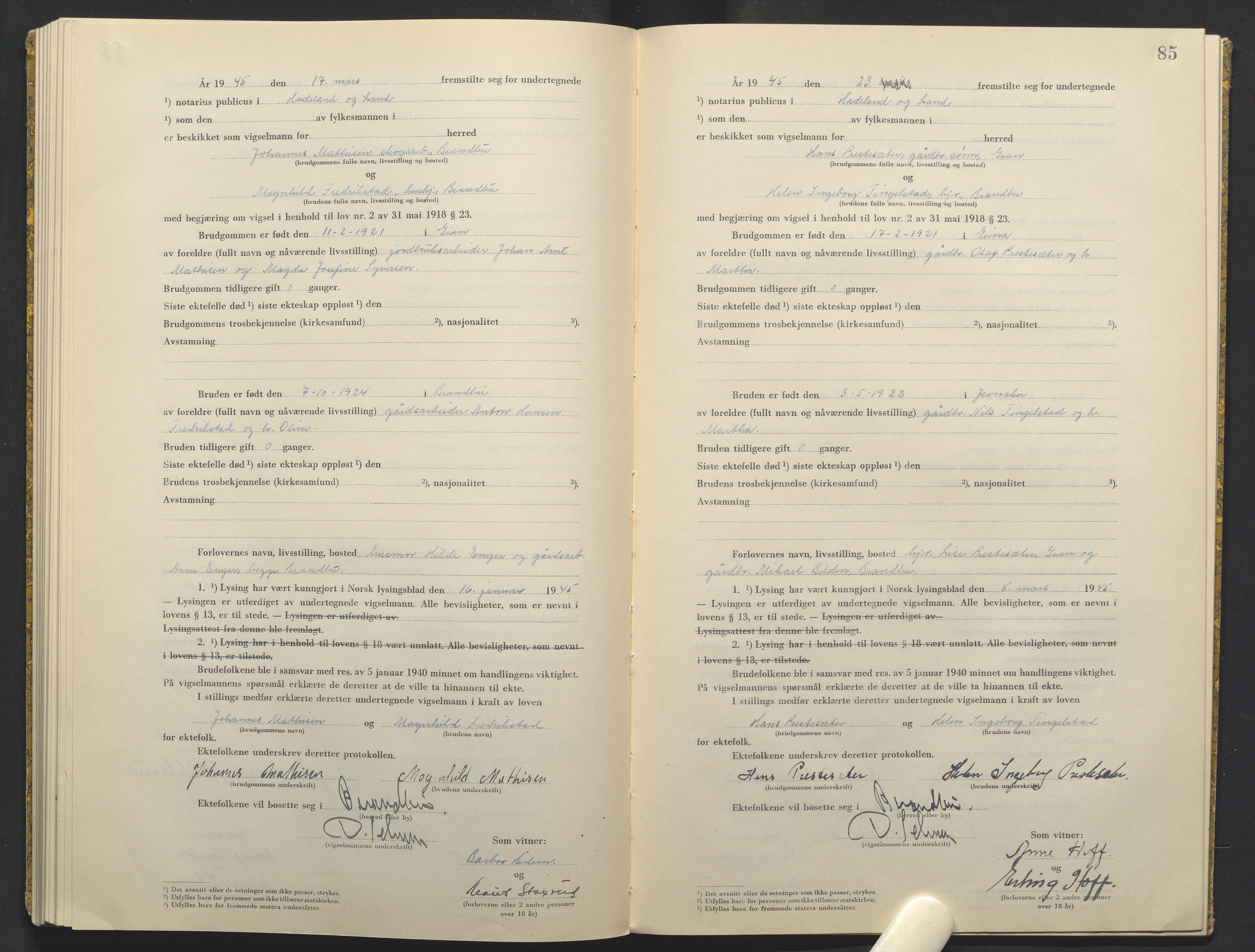 Hadeland og Land tingrett, AV/SAH-TING-010/L/Lb/L0003: Vigselbok, 1944-1946, p. 85