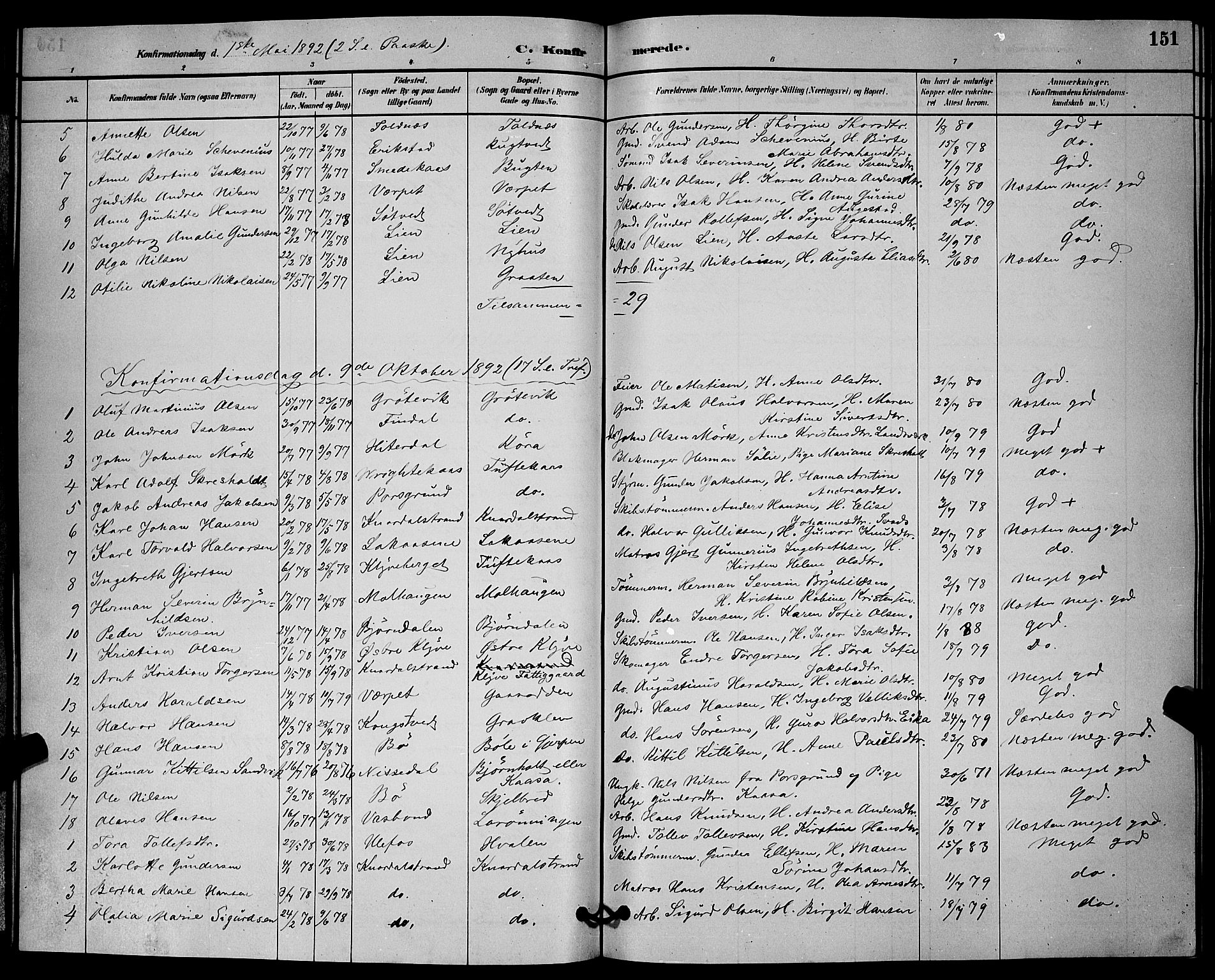 Solum kirkebøker, SAKO/A-306/G/Ga/L0007: Parish register (copy) no. I 7, 1884-1898, p. 151