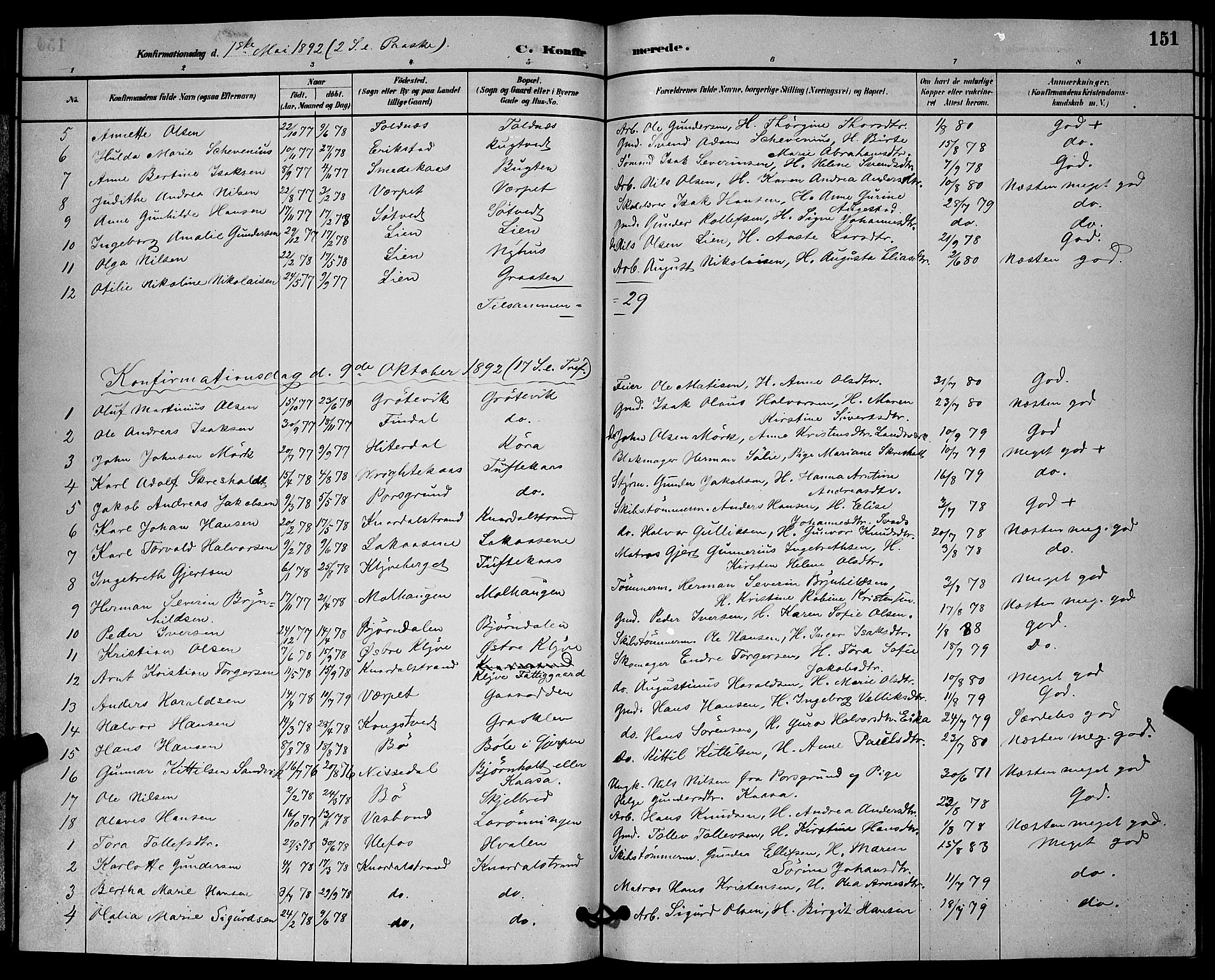 Solum kirkebøker, AV/SAKO-A-306/G/Ga/L0007: Parish register (copy) no. I 7, 1884-1898, p. 151