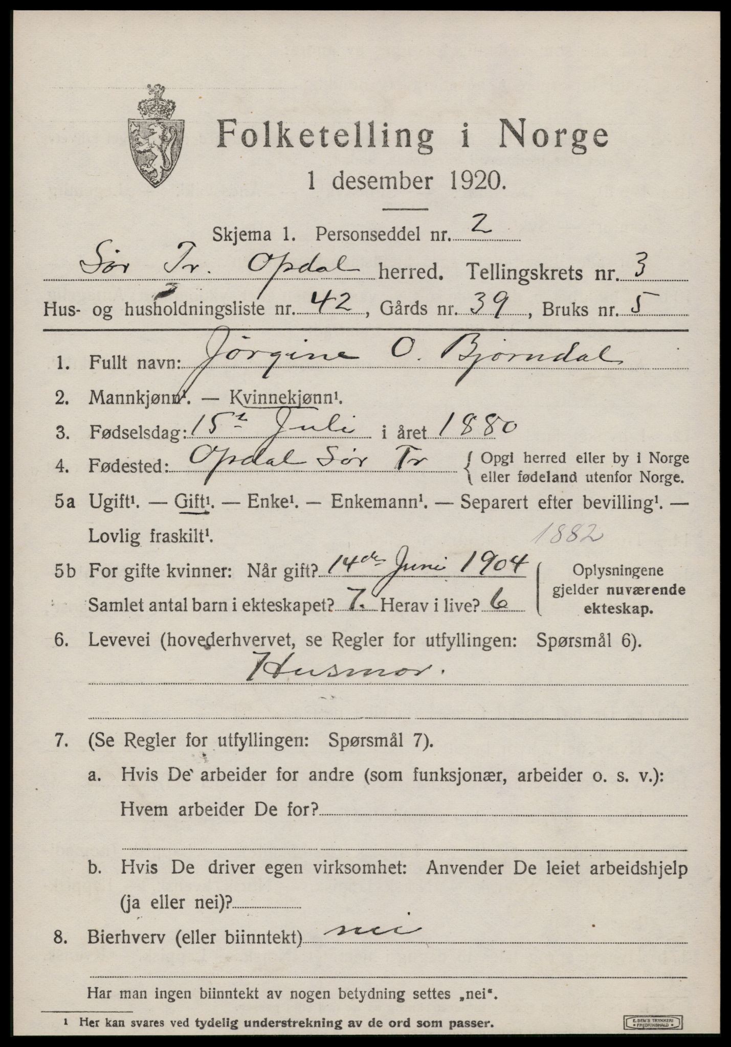 SAT, 1920 census for Oppdal, 1920, p. 3643