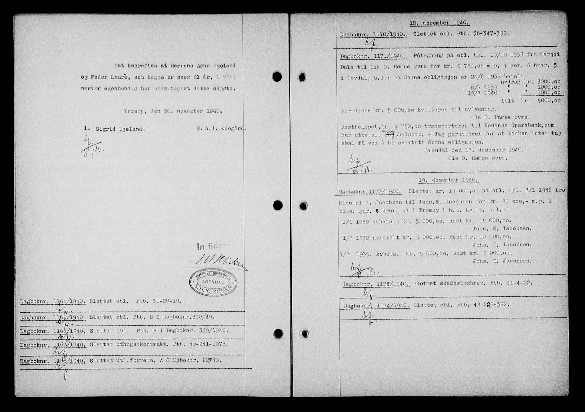 Nedenes sorenskriveri, SAK/1221-0006/G/Gb/Gba/L0048: Mortgage book no. A-II, 1940-1941, Diary no: : 1164/1940