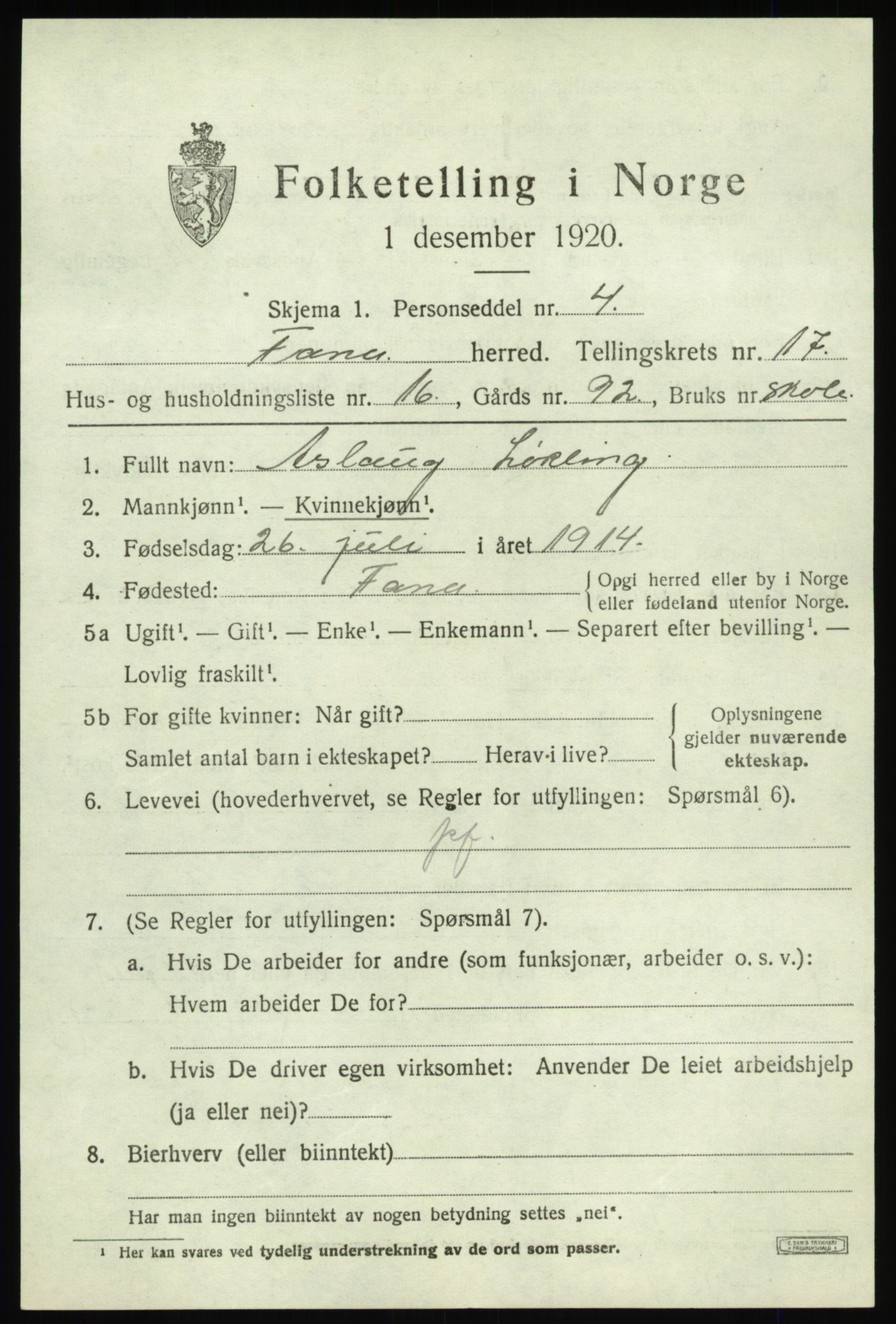 SAB, 1920 census for Fana, 1920, p. 22443