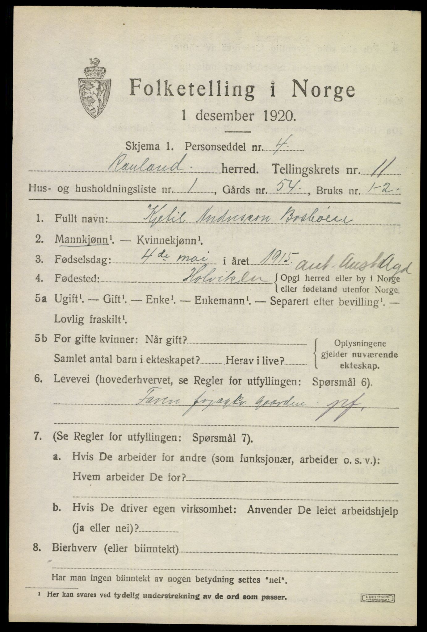 SAKO, 1920 census for Rauland, 1920, p. 2446