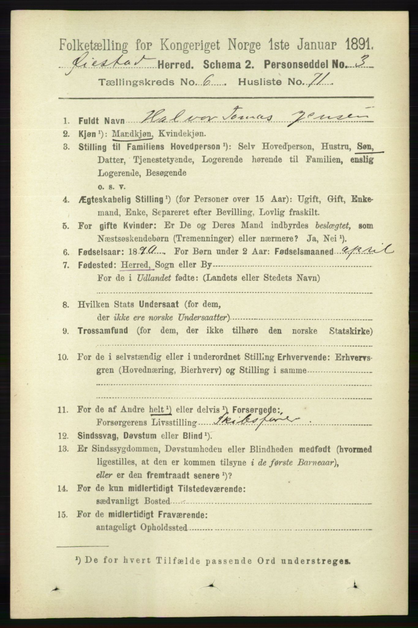 RA, 1891 census for 0920 Øyestad, 1891, p. 2539