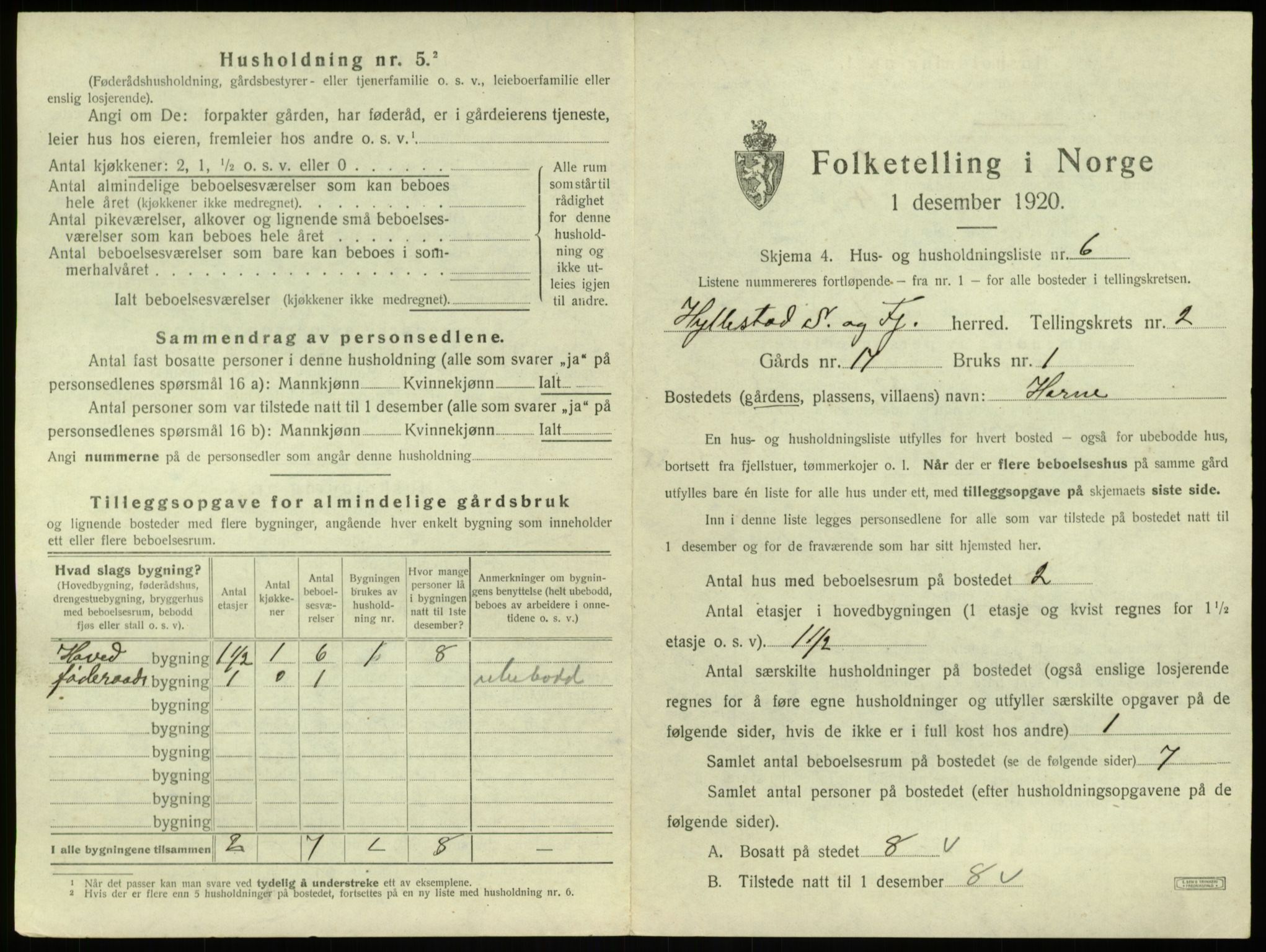 SAB, 1920 census for Hyllestad, 1920, p. 140