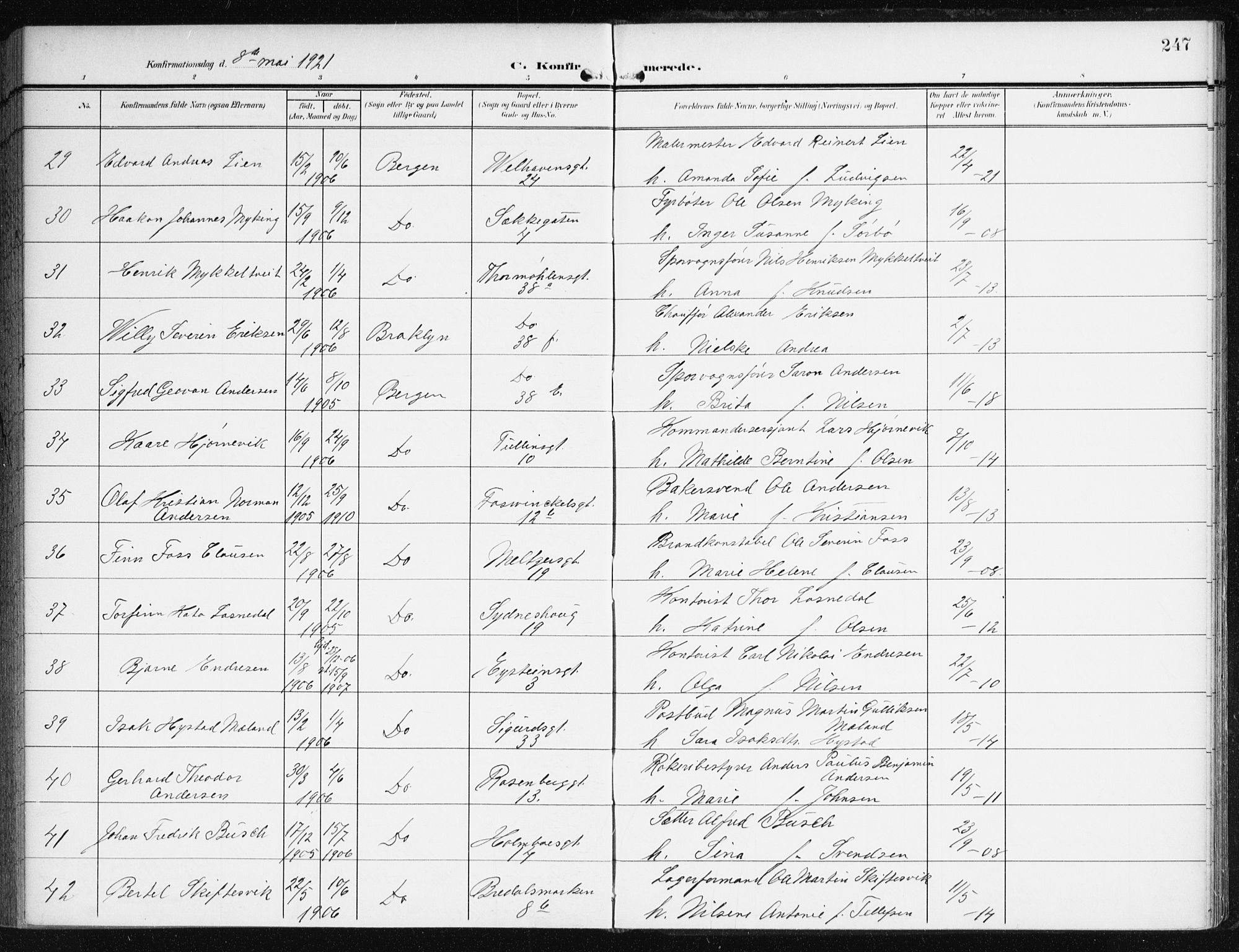 Johanneskirken sokneprestembete, AV/SAB-A-76001/H/Haa/L0009: Parish register (official) no. C 2, 1907-1924, p. 247