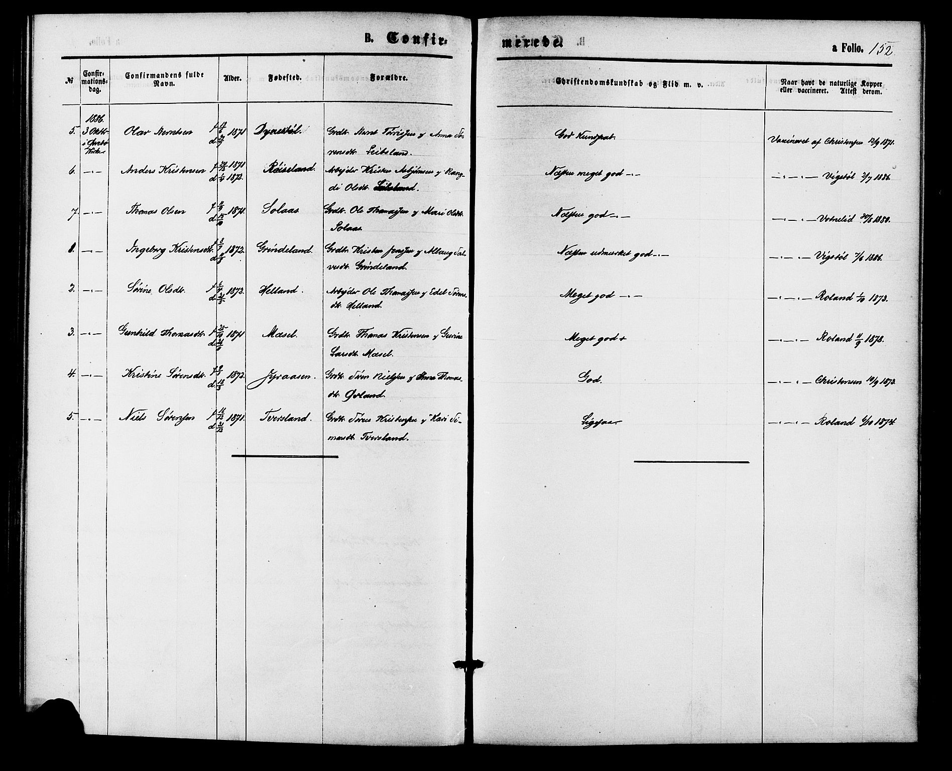 Bjelland sokneprestkontor, AV/SAK-1111-0005/F/Fa/Fab/L0003: Parish register (official) no. A 3, 1870-1887, p. 152