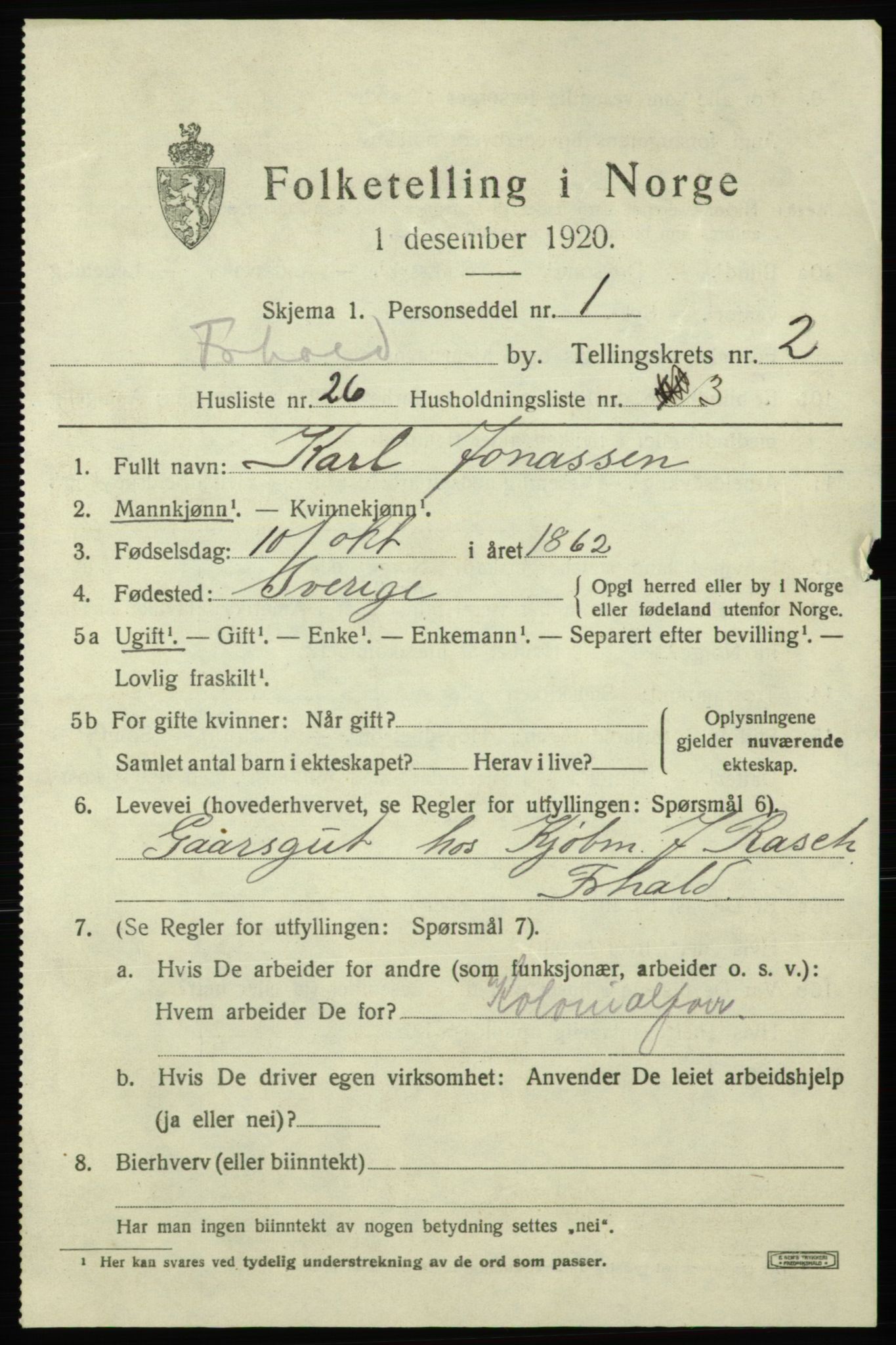 SAO, 1920 census for Fredrikshald, 1920, p. 9890