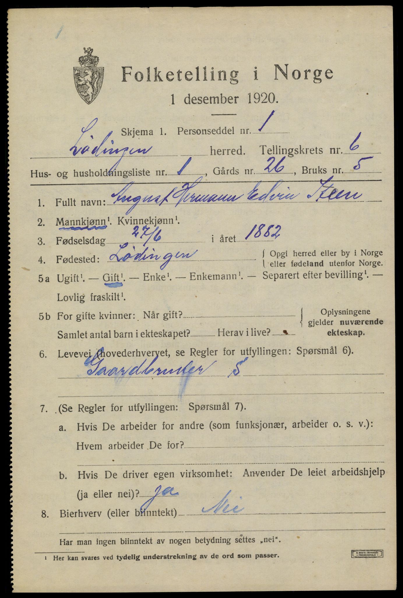 SAT, 1920 census for Lødingen, 1920, p. 3451