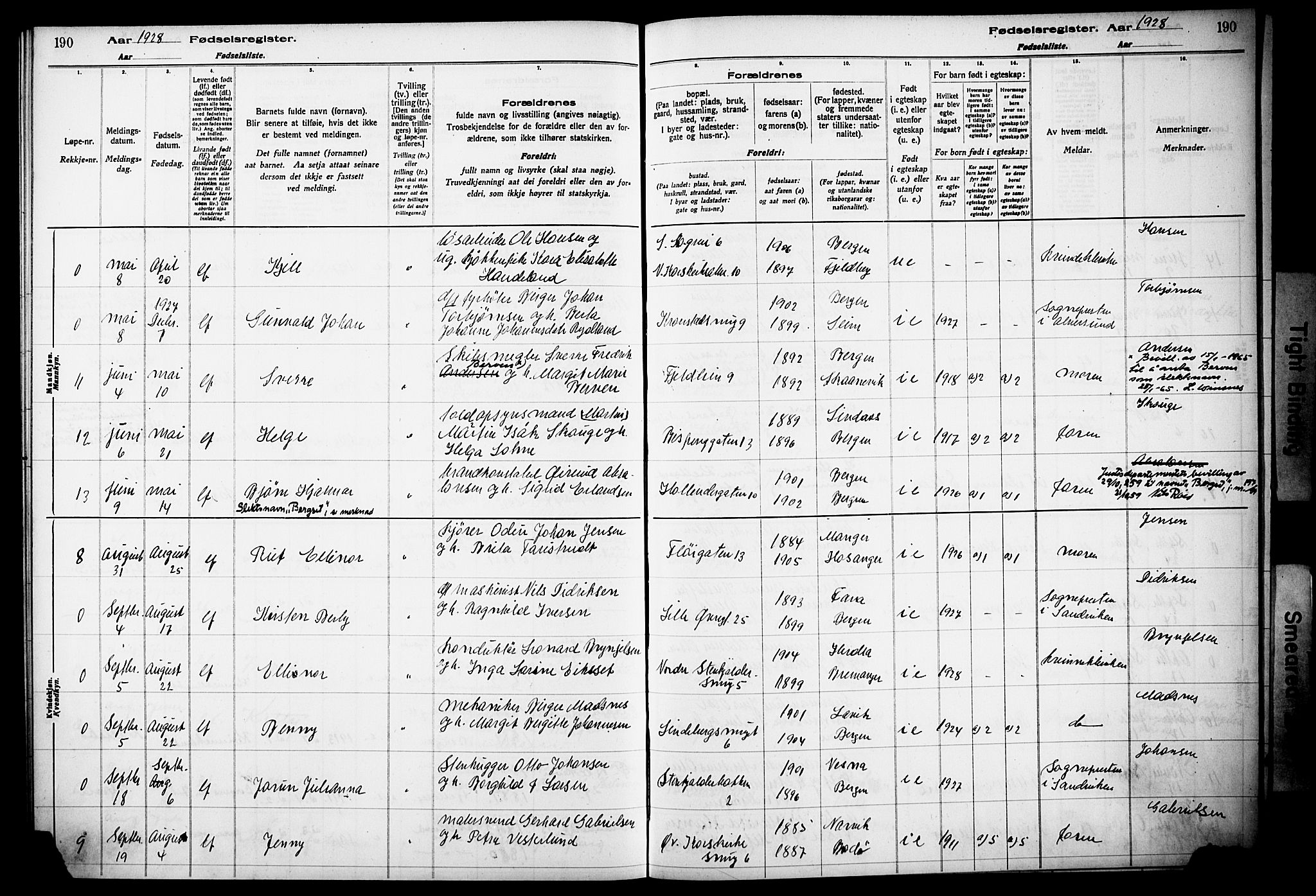 Korskirken sokneprestembete, AV/SAB-A-76101/I/Id/L00A1: Birth register no. A 1, 1916-1929, p. 190