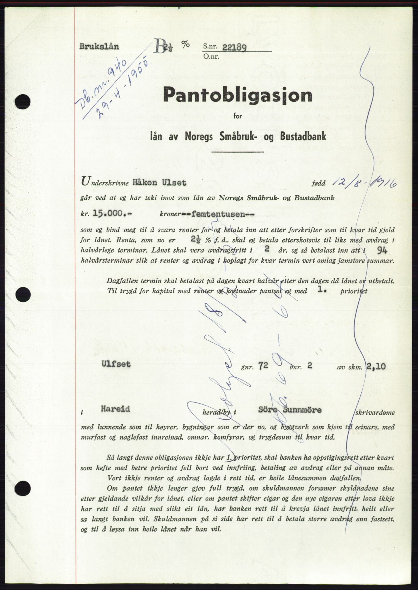 Søre Sunnmøre sorenskriveri, AV/SAT-A-4122/1/2/2C/L0126: Mortgage book no. 14B, 1954-1955, Diary no: : 940/1955