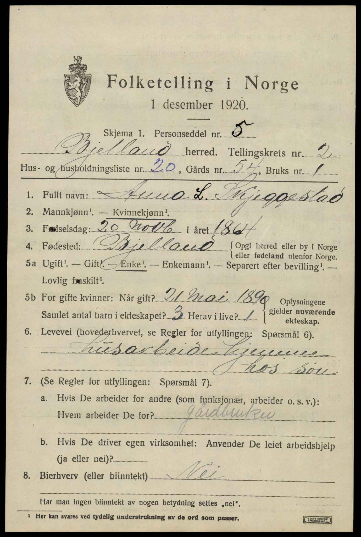 SAK, 1920 census for Bjelland, 1920, p. 941