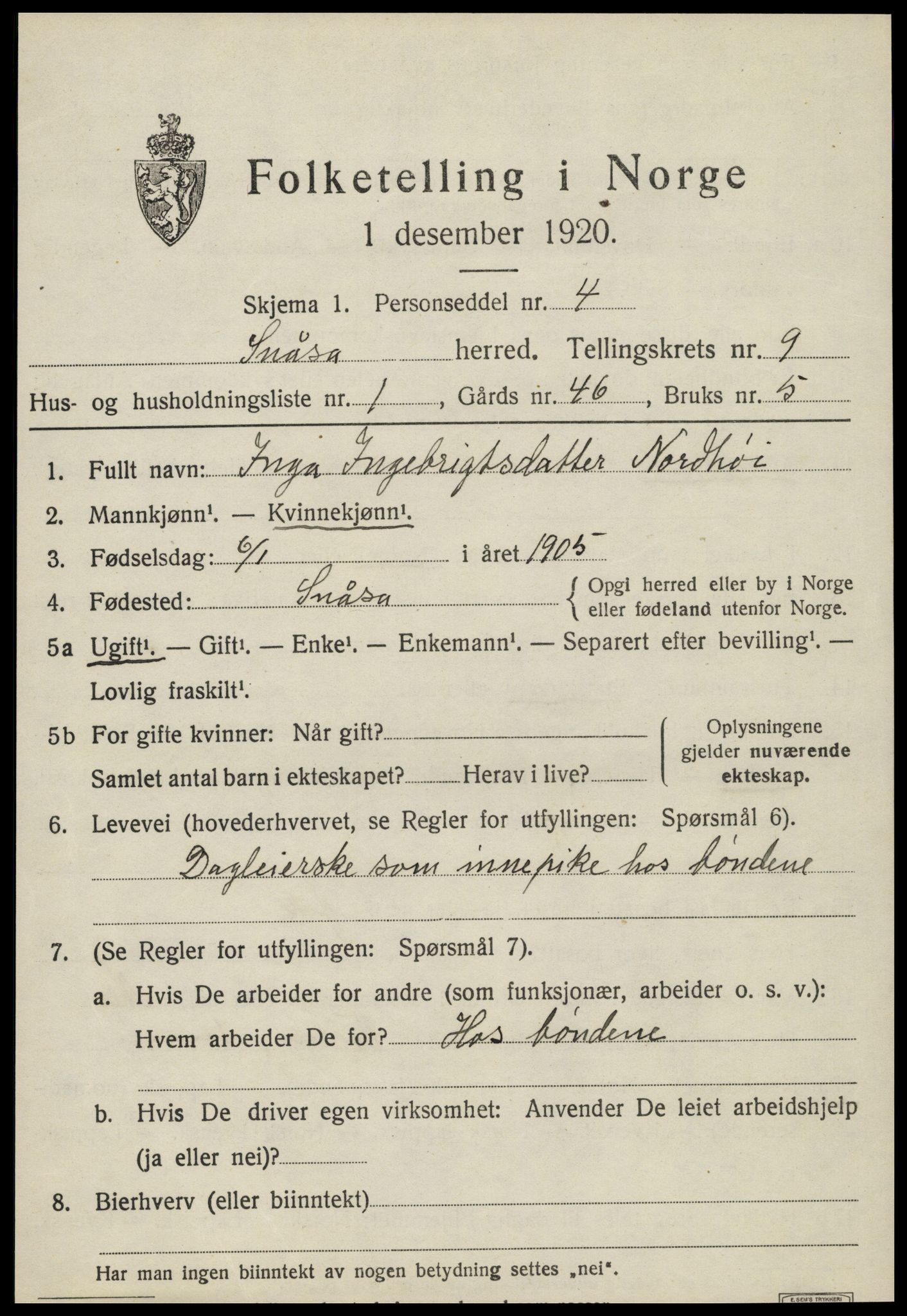 SAT, 1920 census for Snåsa, 1920, p. 3676