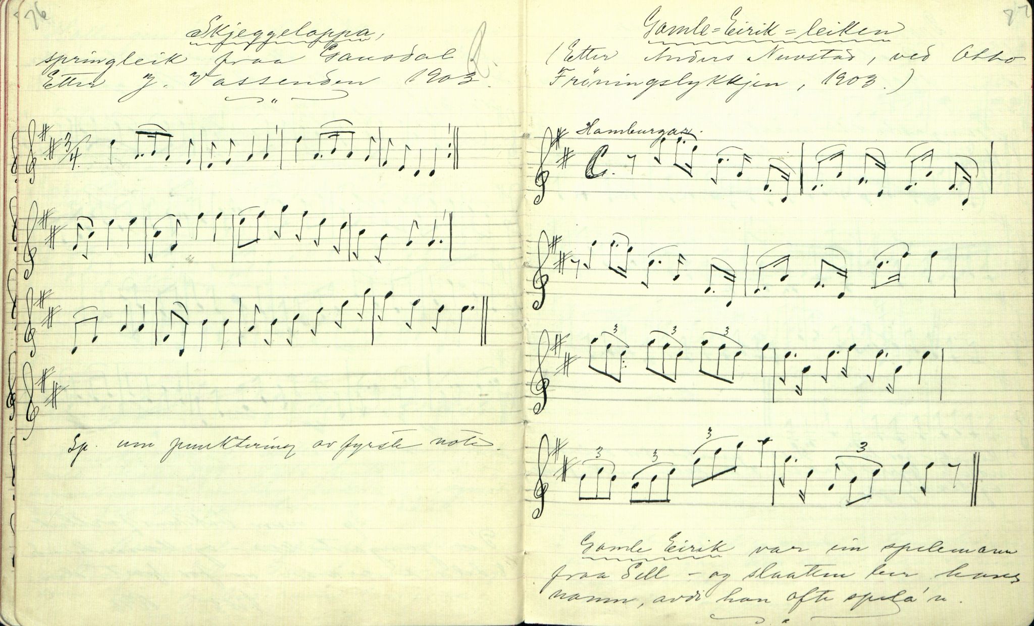 Rikard Berge, TEMU/TGM-A-1003/F/L0001/0024: 001-030 Innholdslister / 20. Musiksoge. Folkemusik II, 1902-1903, p. 76-77