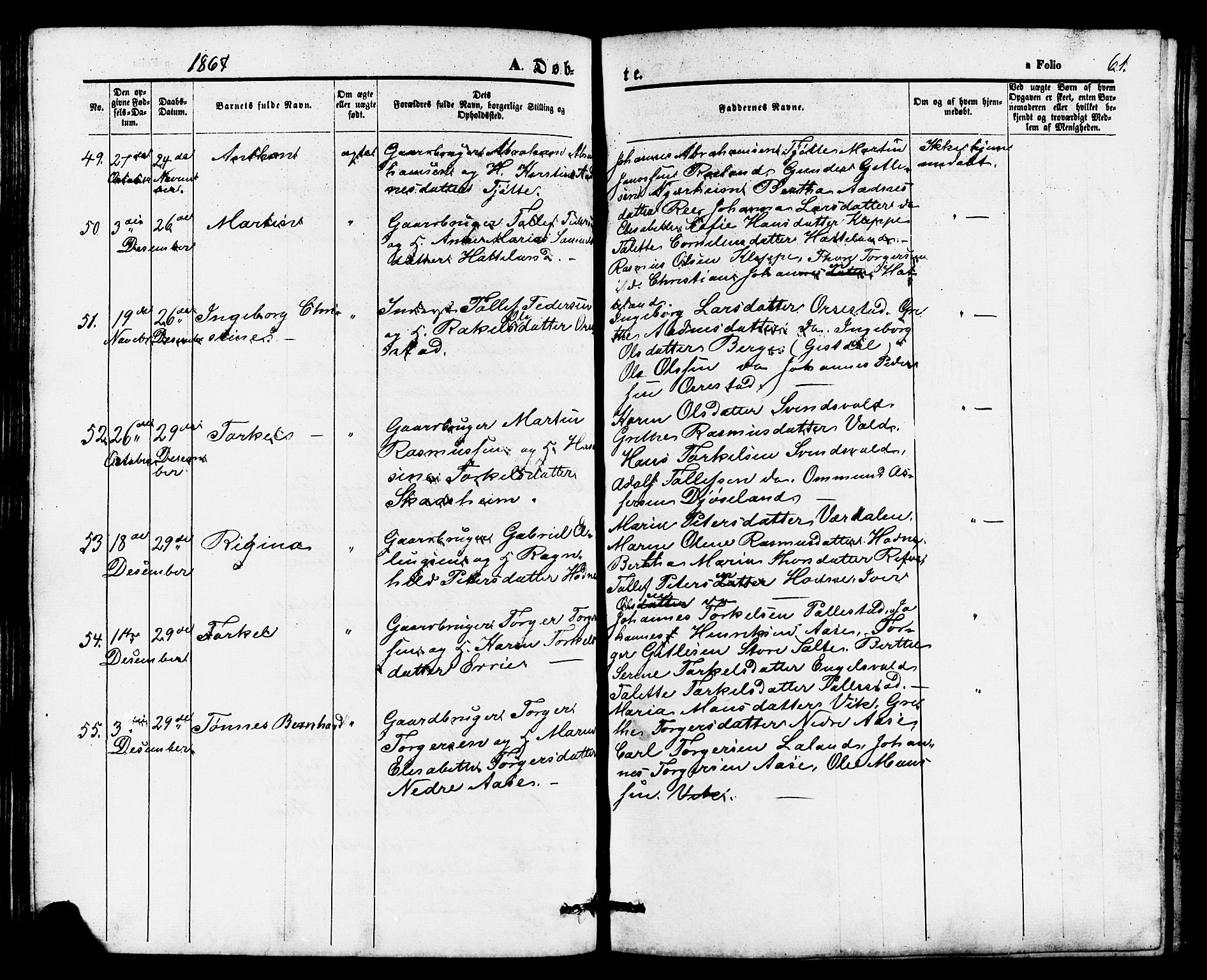 Klepp sokneprestkontor, AV/SAST-A-101803/001/3/30BB/L0002: Parish register (copy) no. B 2, 1860-1875, p. 61