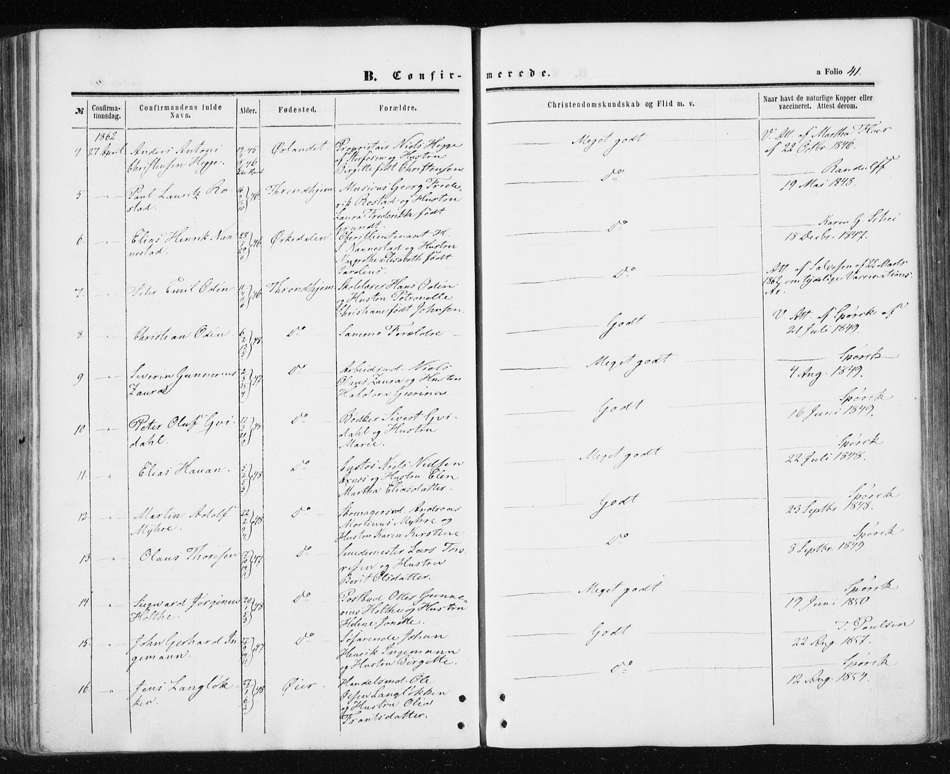 Ministerialprotokoller, klokkerbøker og fødselsregistre - Sør-Trøndelag, SAT/A-1456/601/L0053: Parish register (official) no. 601A21, 1857-1865, p. 41