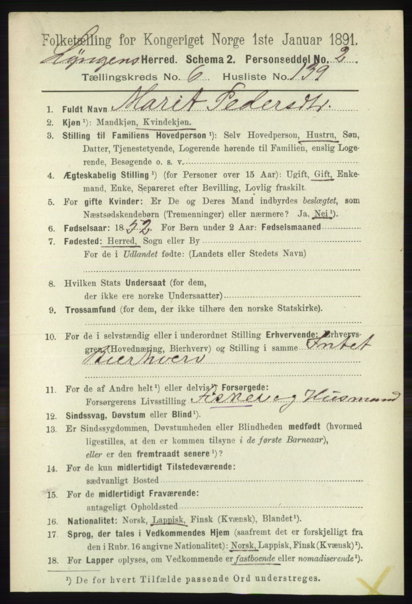 RA, 1891 census for 1938 Lyngen, 1891, p. 6225