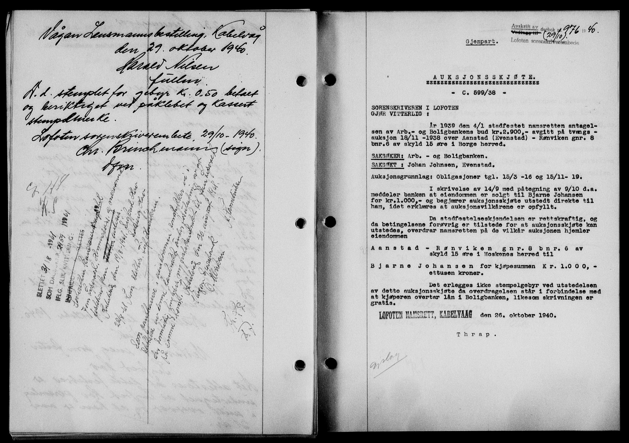 Lofoten sorenskriveri, SAT/A-0017/1/2/2C/L0007a: Mortgage book no. 7a, 1939-1940, Diary no: : 976/1940