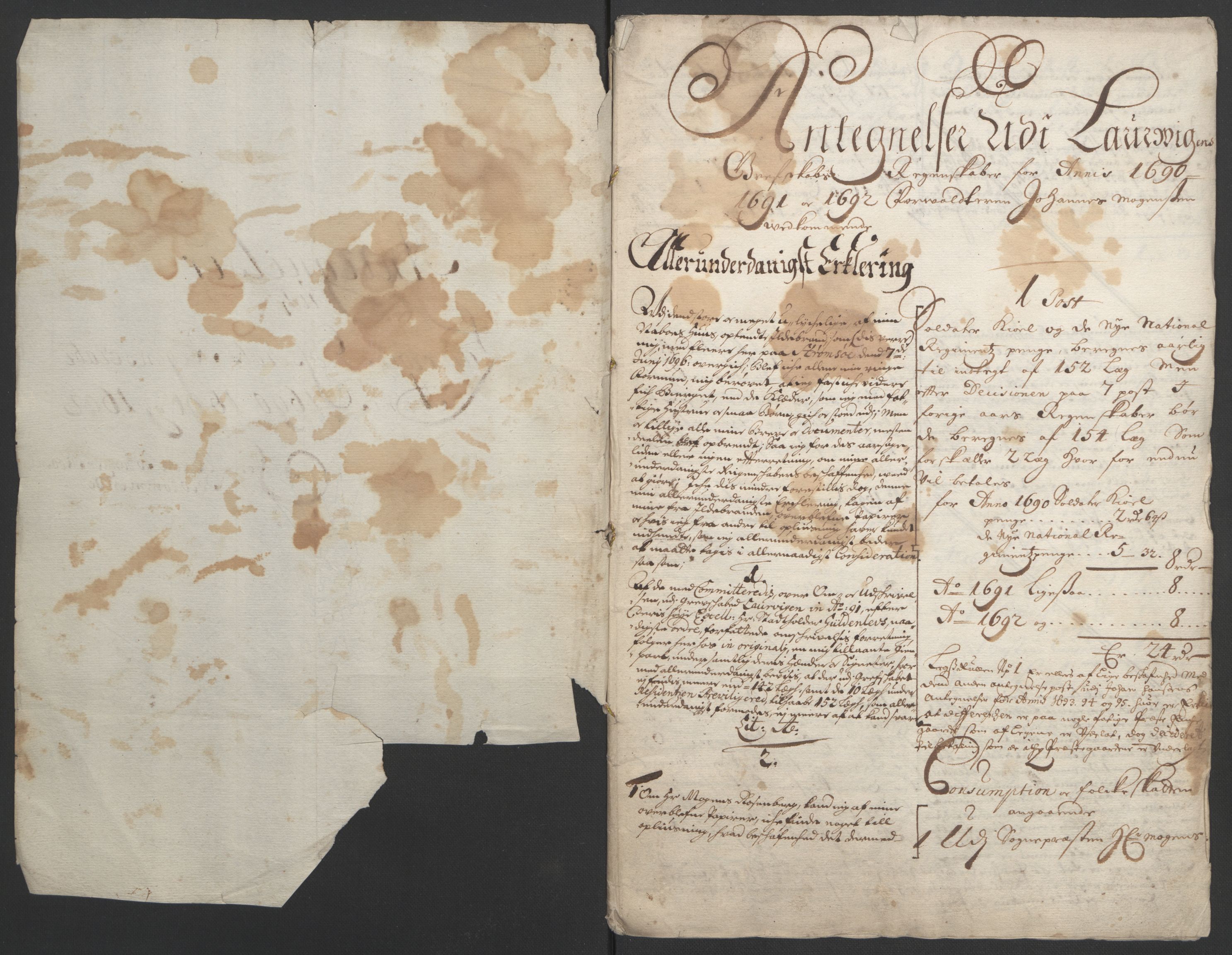 Rentekammeret inntil 1814, Reviderte regnskaper, Fogderegnskap, AV/RA-EA-4092/R33/L1973: Fogderegnskap Larvik grevskap, 1692, p. 237