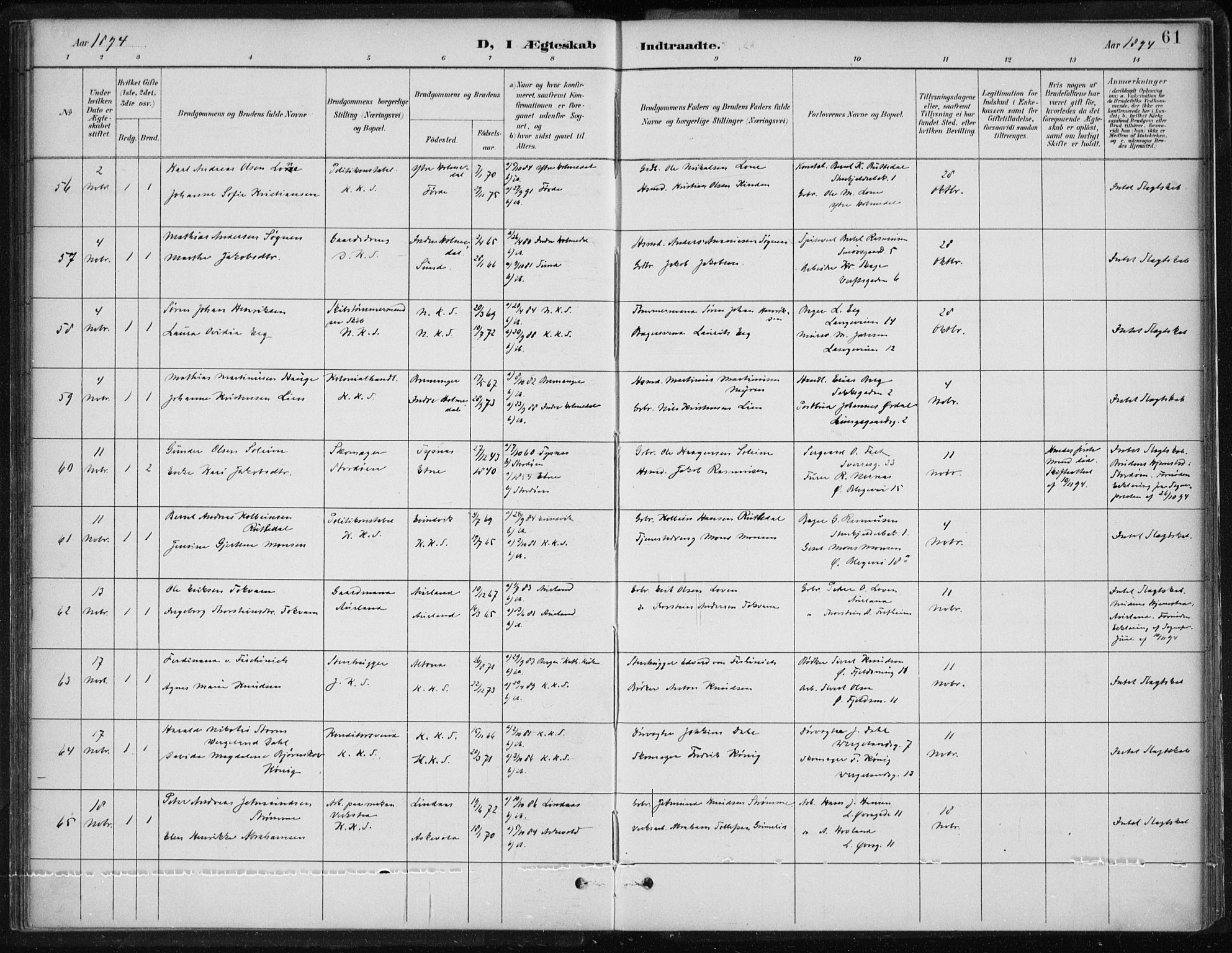 Korskirken sokneprestembete, AV/SAB-A-76101/H/Hab: Parish register (copy) no. D 3, 1887-1906, p. 61