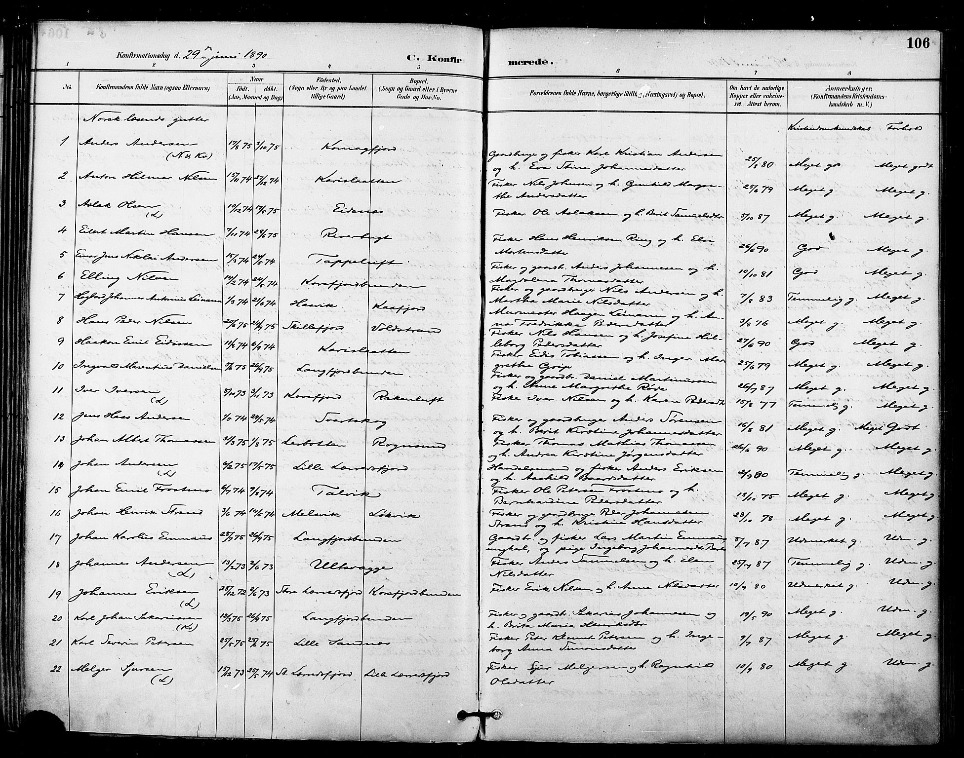 Talvik sokneprestkontor, SATØ/S-1337/H/Ha/L0013kirke: Parish register (official) no. 13, 1886-1897, p. 106