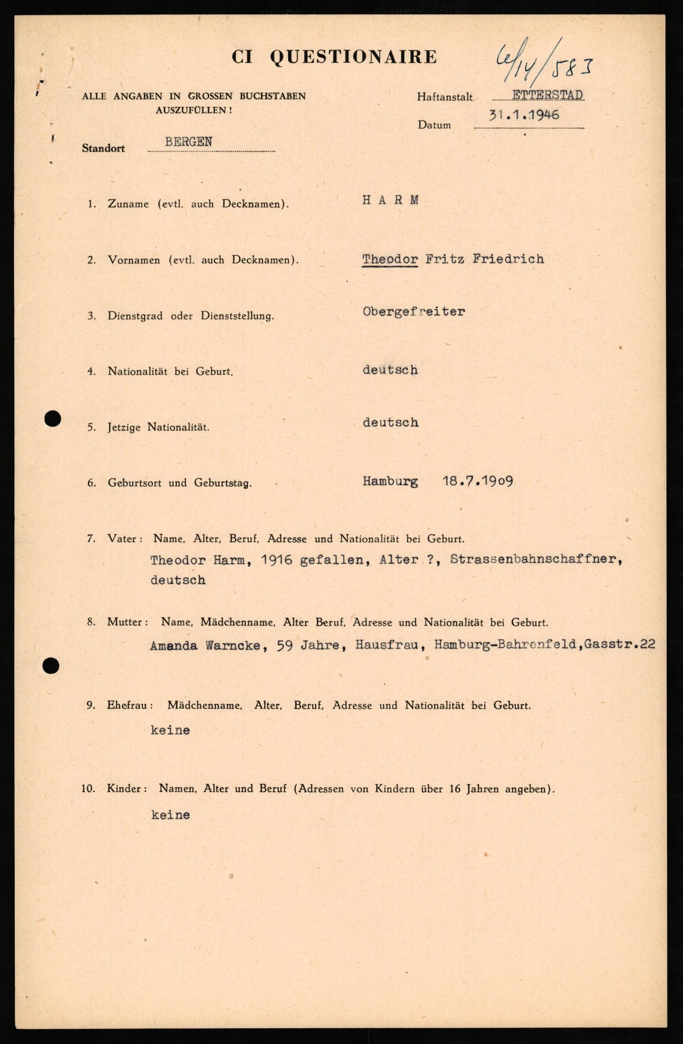 Forsvaret, Forsvarets overkommando II, AV/RA-RAFA-3915/D/Db/L0012: CI Questionaires. Tyske okkupasjonsstyrker i Norge. Tyskere., 1945-1946, p. 55