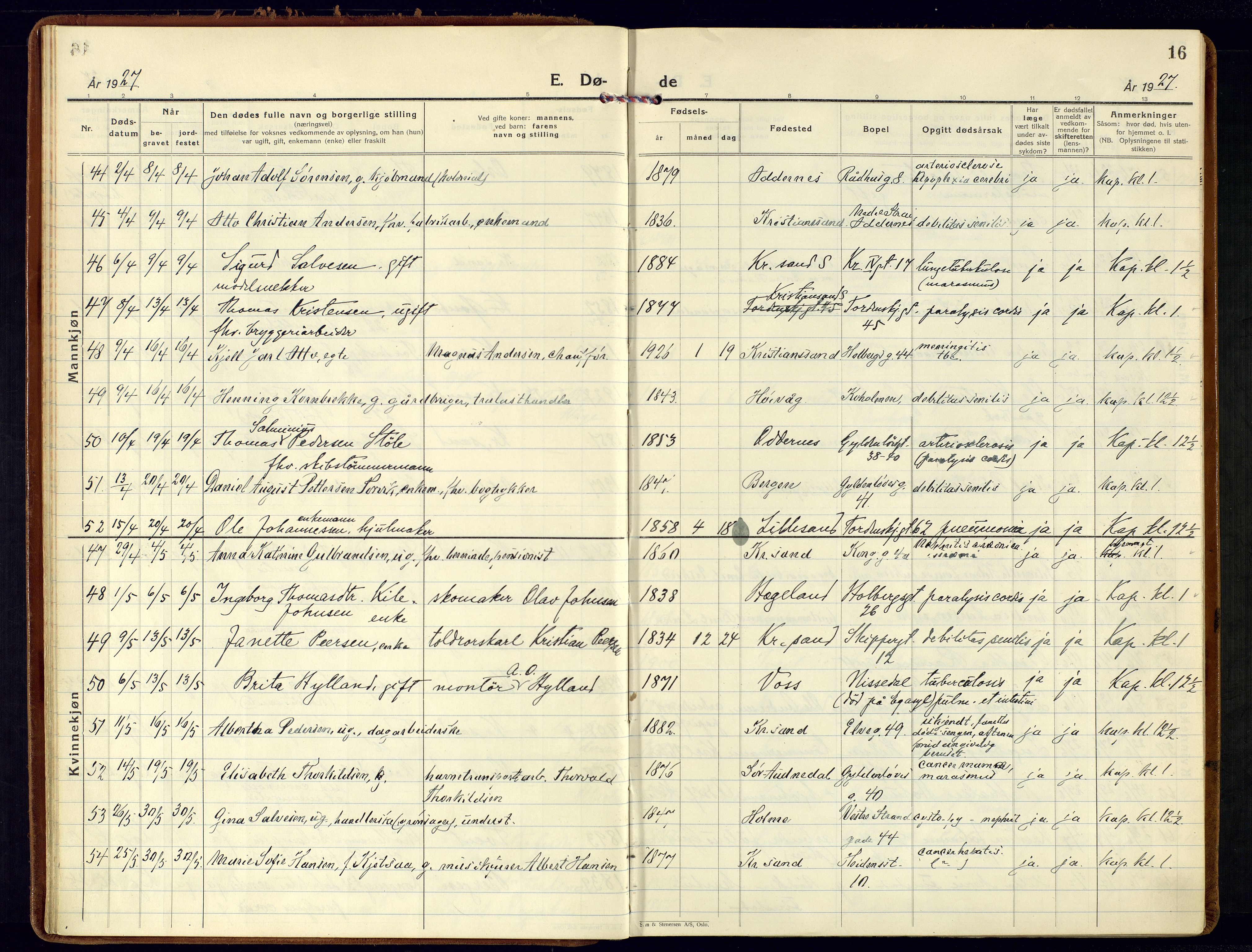 Kristiansand domprosti, AV/SAK-1112-0006/F/Fa/L0030: Parish register (official) no. A 29, 1926-1937, p. 16