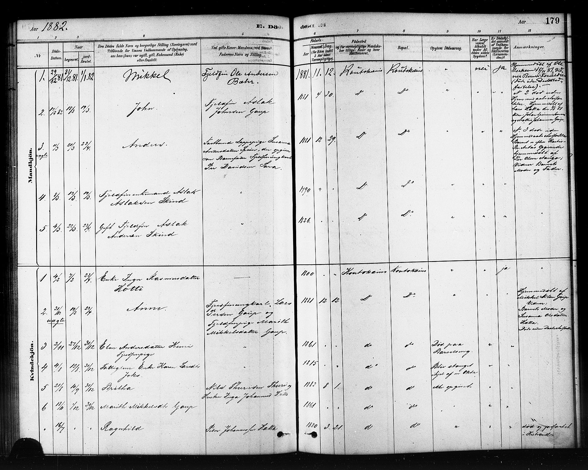 Kautokeino sokneprestembete, AV/SATØ-S-1340/H/Hb/L0002.klokk: Parish register (copy) no. 2, 1877-1896, p. 179