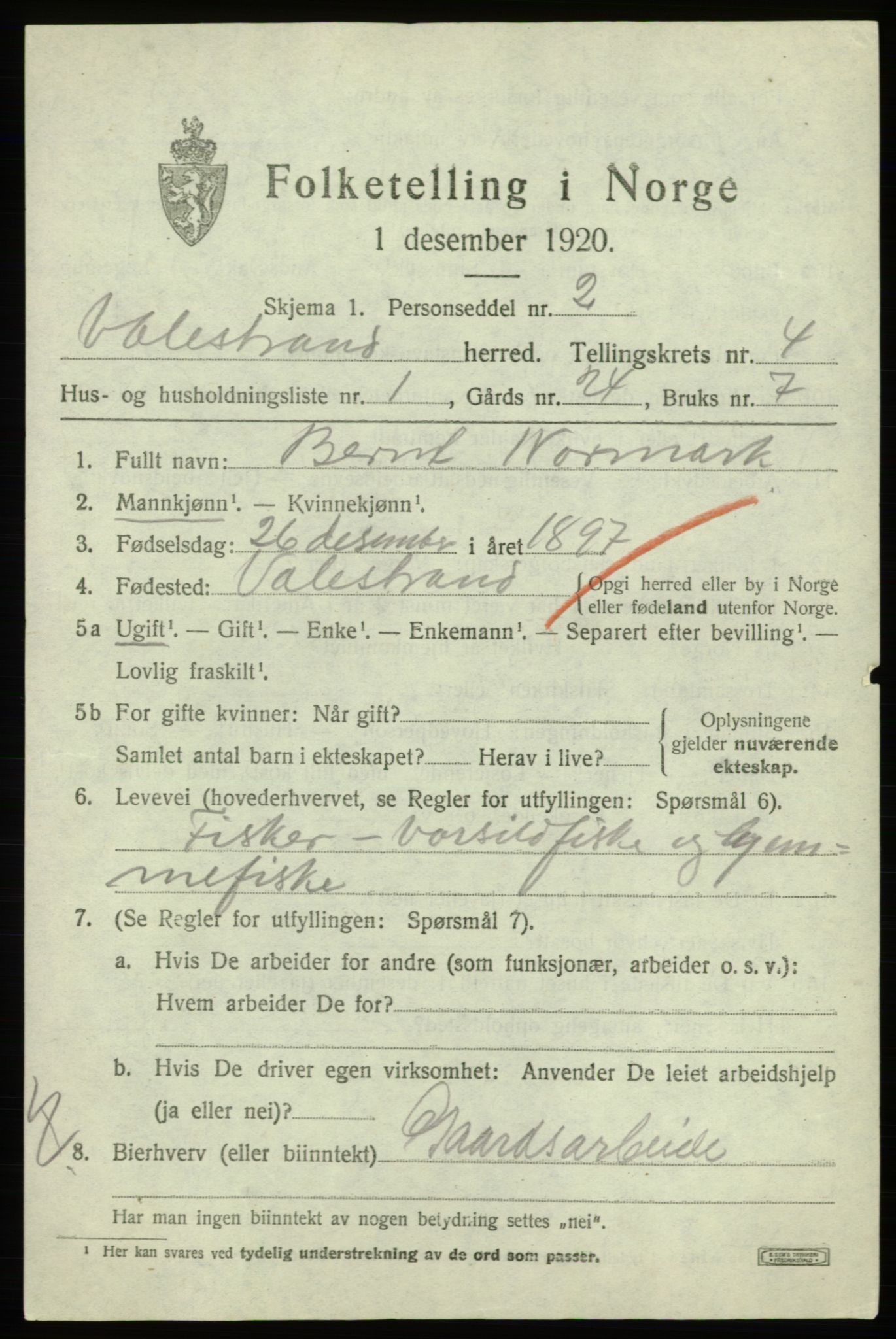 SAB, 1920 census for Valestrand, 1920, p. 1631