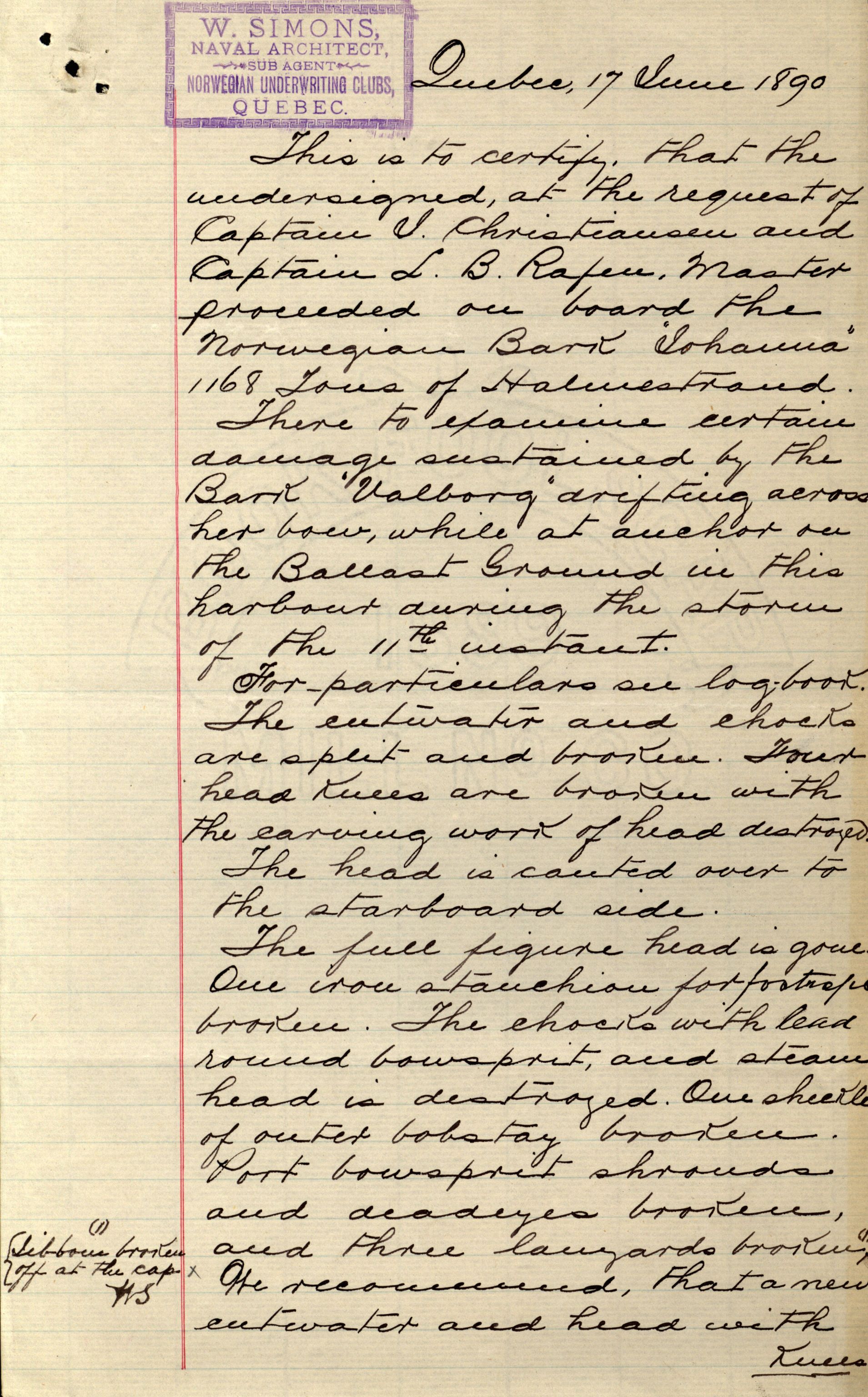 Pa 63 - Østlandske skibsassuranceforening, VEMU/A-1079/G/Ga/L0026/0009: Havaridokumenter / Rex, Resolve, Regulator, Familien, Falcon, Johanne, 1890, p. 58