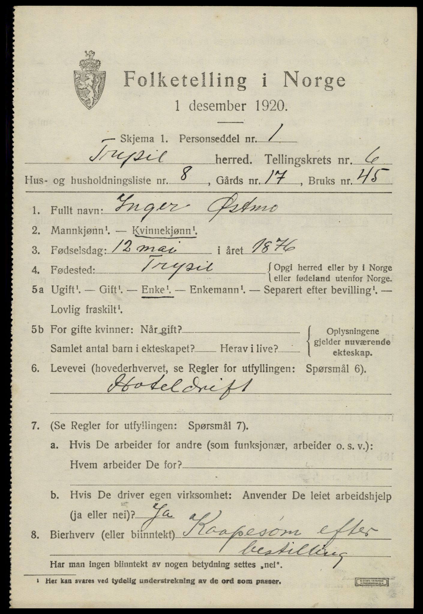SAH, 1920 census for Trysil, 1920, p. 4615