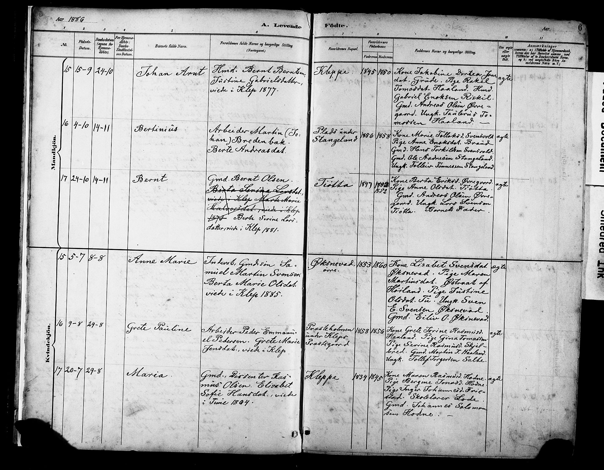 Klepp sokneprestkontor, AV/SAST-A-101803/001/3/30BA/L0009: Parish register (official) no. A 7, 1886-1915, p. 6