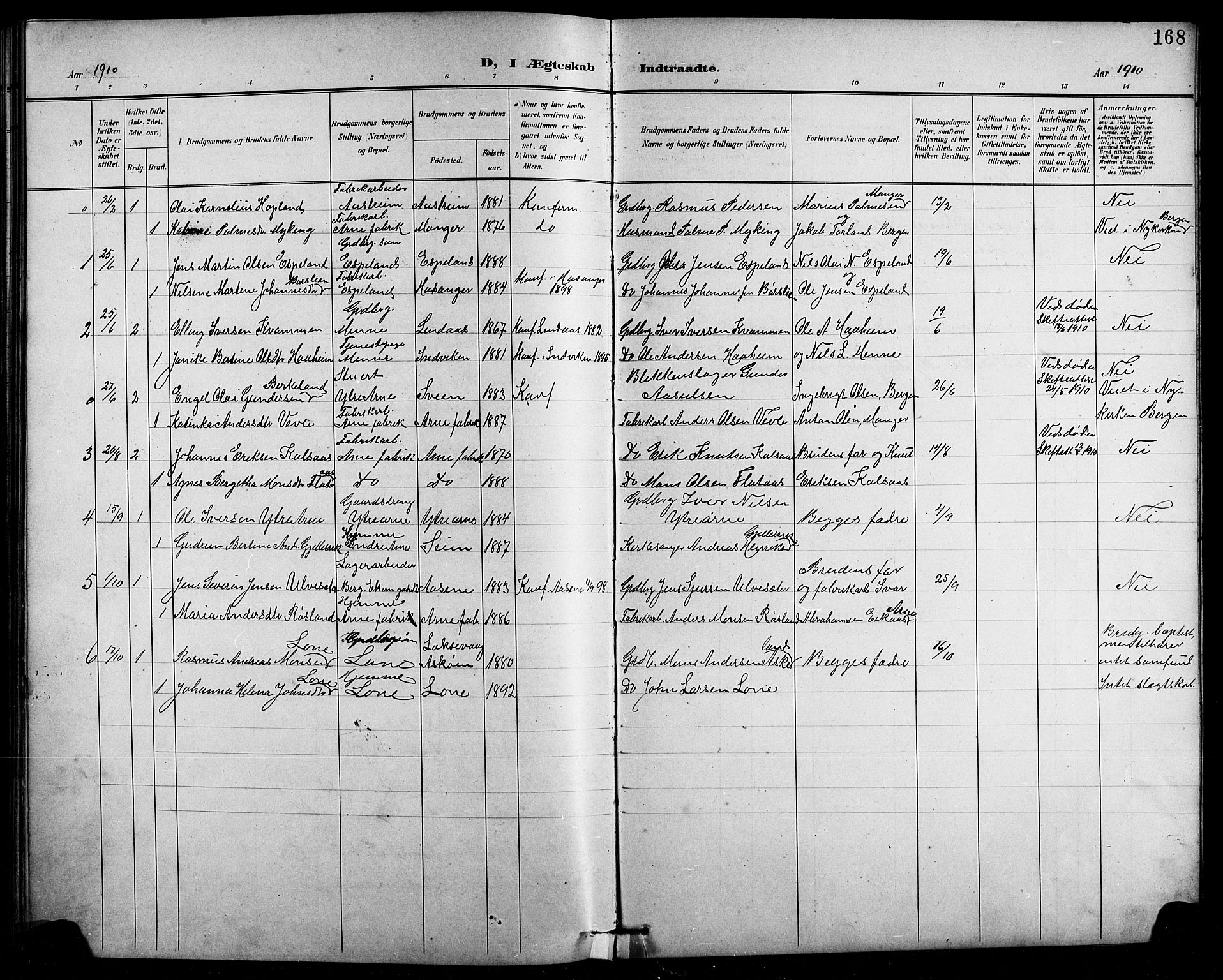 Arna Sokneprestembete, SAB/A-74001/H/Ha/Hab: Parish register (copy) no. A 4, 1898-1910, p. 168