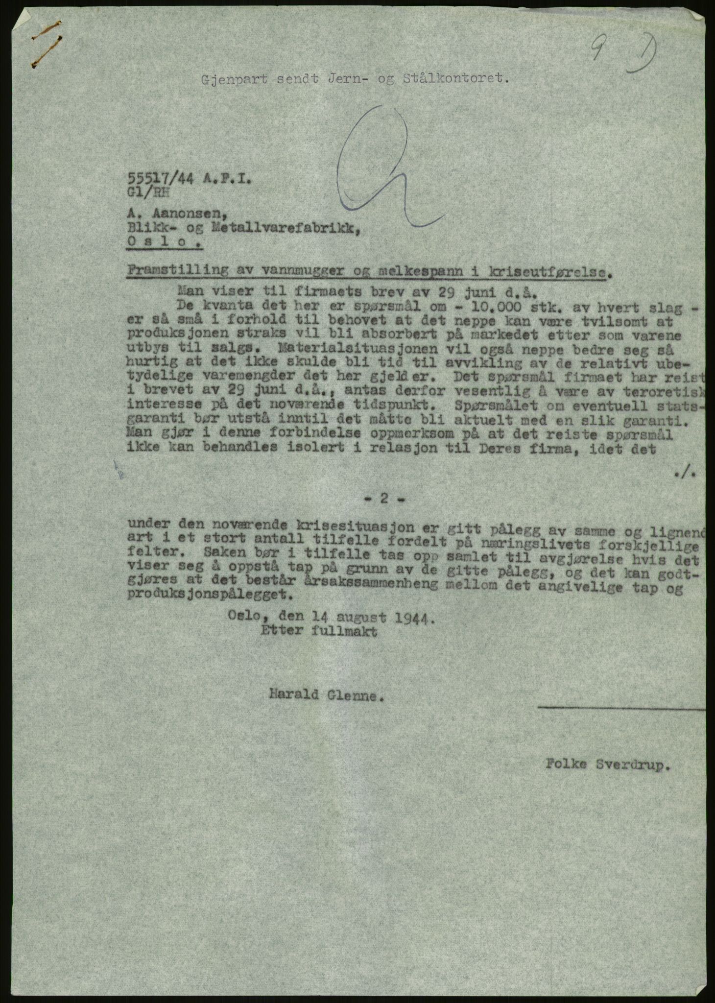 Direktoratet for industriforsyning, Sekretariatet, AV/RA-S-4153/D/Df/L0054: 9. Metallkontoret, 1940-1945, p. 381