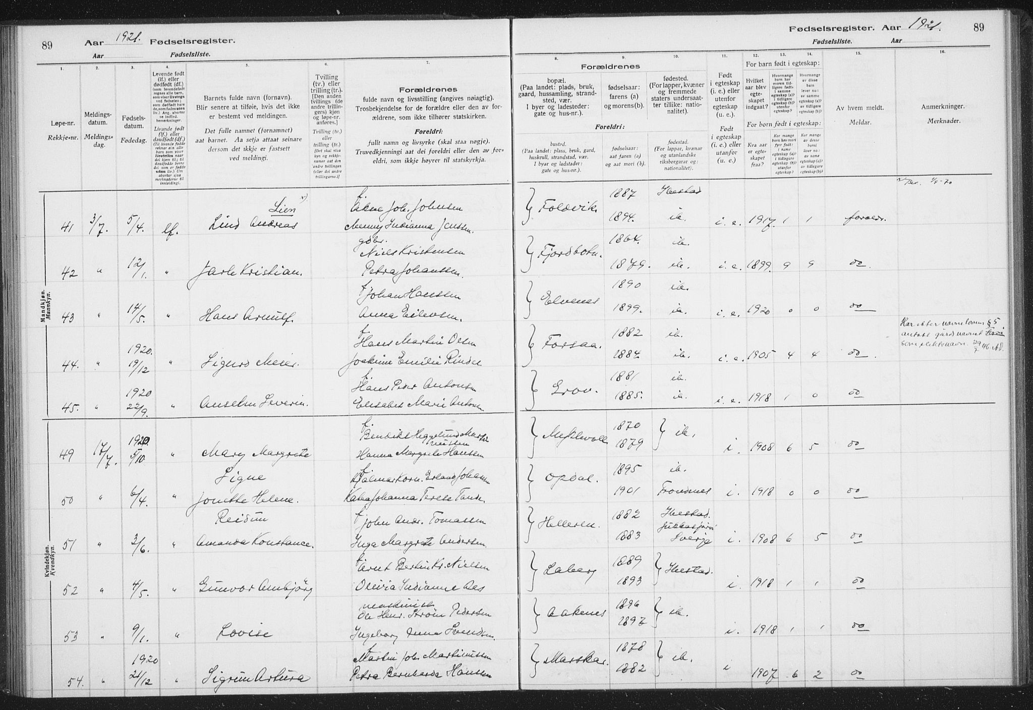 Ibestad sokneprestembete, AV/SATØ-S-0077/I/Ic/L0061: Birth register no. 61, 1917-1929, p. 89